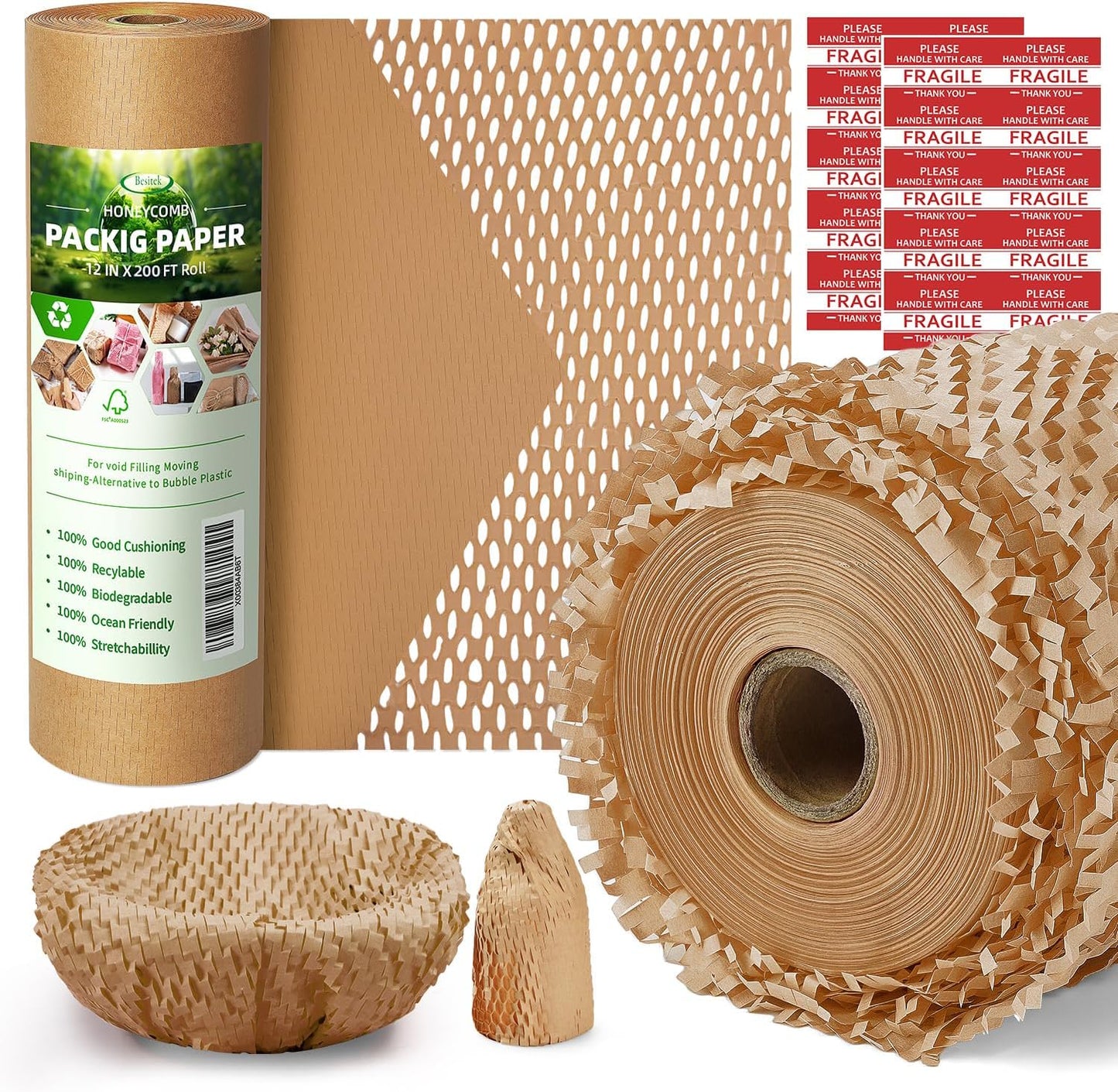 Honeycomb Packing Paper,12" W x 200' L Bubble Cushioning Wrap for Moving,Products & Gifts Wrapping Paper,Recyclable and Biodegradable Cushioning Packing Material with 20 Fragile Sticker Labels