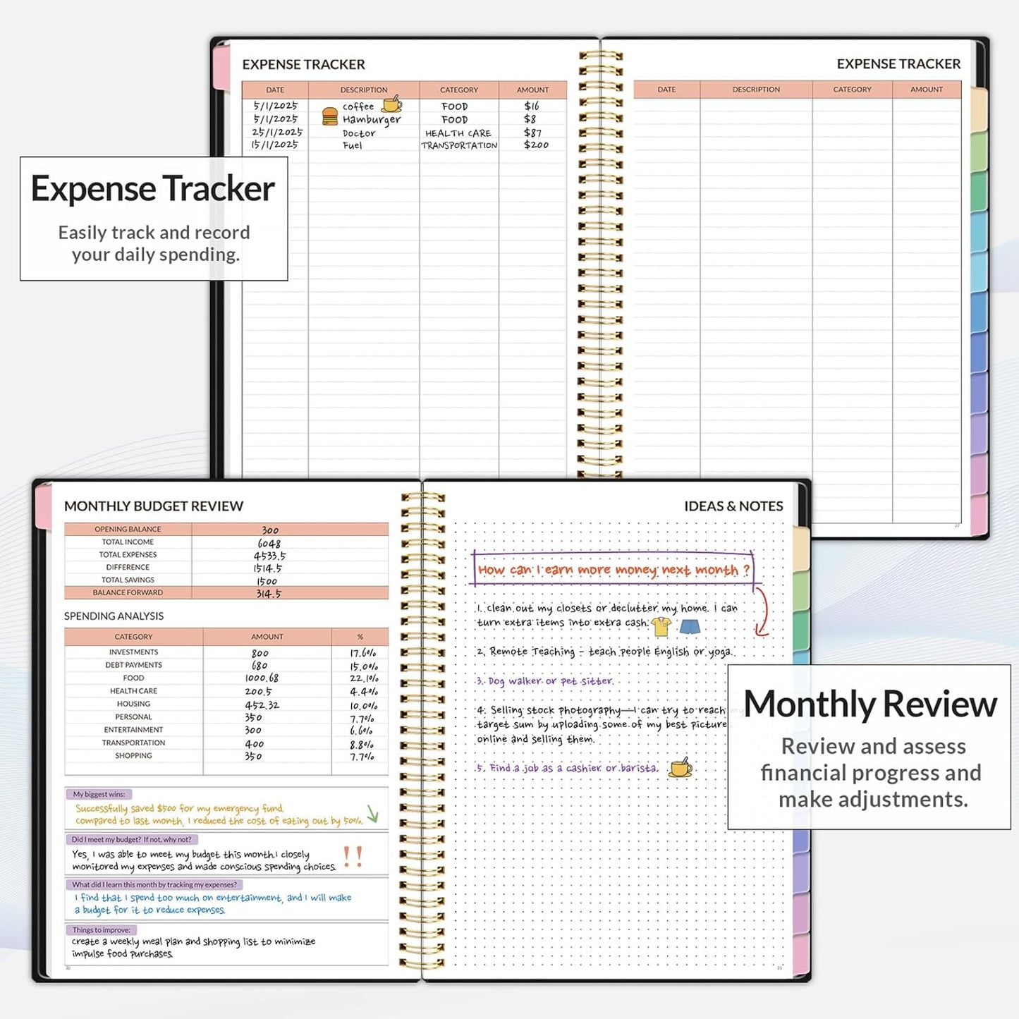 SUNEE Budget Planner - Monthly Budget Book with Expense Tracker Notebook, A4(8.5" x 11") Undated 12 Month Bill Organizer & Finance Planner to Manage Your Money, Account Book with Colorful Tab, Black