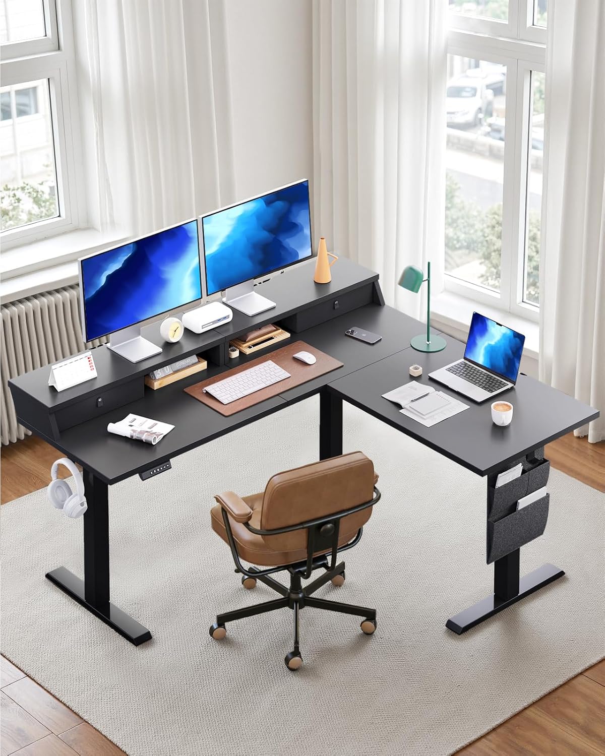 ErGear L Shaped Electric Standing Desk, 63" Ergonomic Corner Height Adjustable Desk with Drawers, Sit Stand Computer Table with Storage for Work Office Home, Black