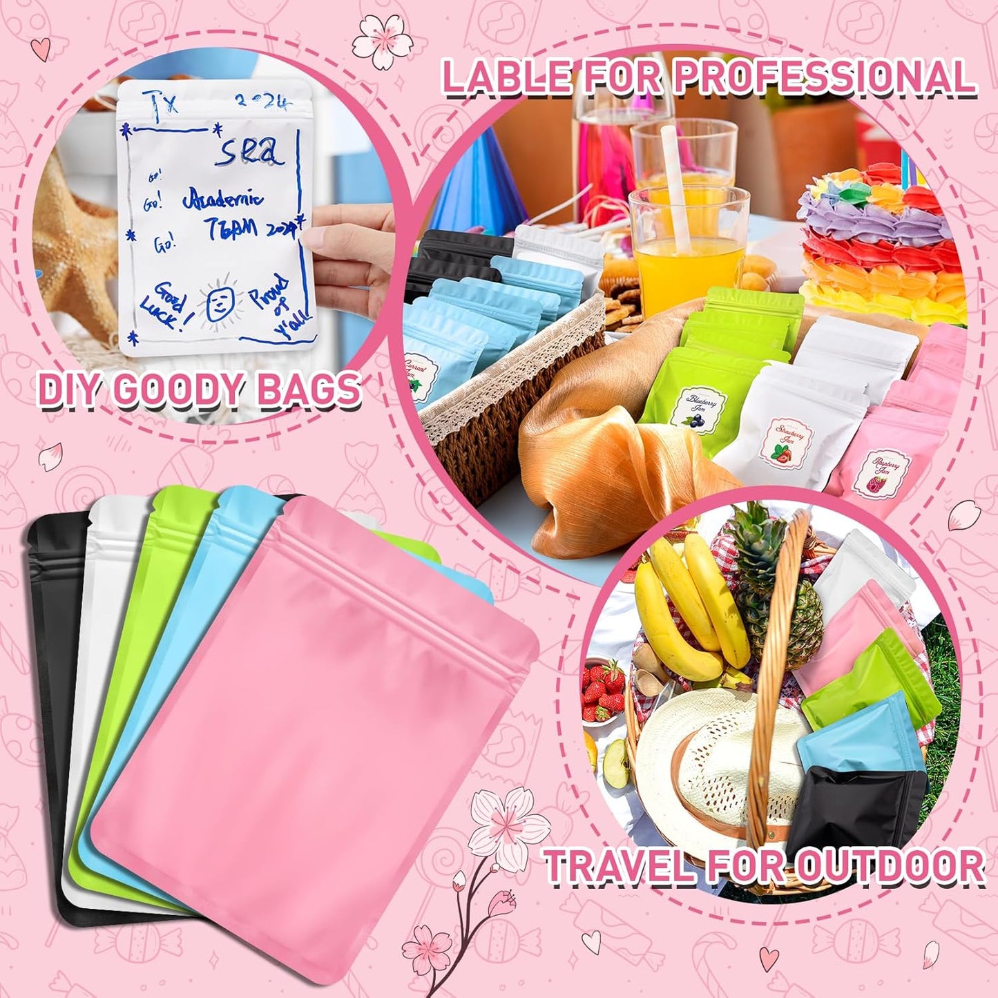 Funfery 100 Pack Pink Mylar Packaging Bags Resealable Bags Double Sided Color Odor Proof Pouch Baggies Smell Proof Foil Bag for Food Storage,Small Business(Pink,3.5x6.3inch)