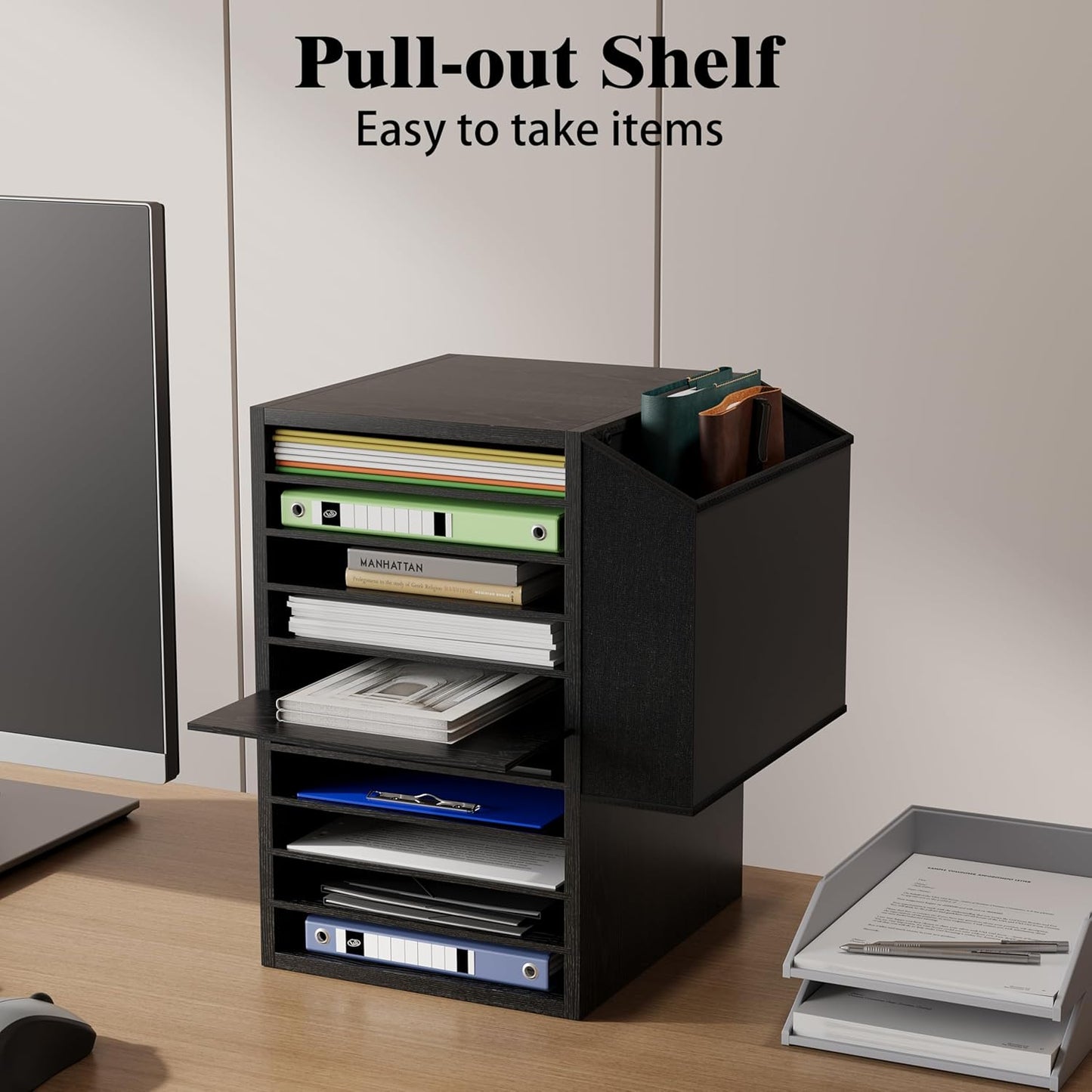 Office Mail Sorter, Wooden Paper Organizer With Storage Bag, 10 Tier Adjustable Classroom Mailbox, Removable Classroom Organization, Teacher Desk Organization for Office, Study, Black