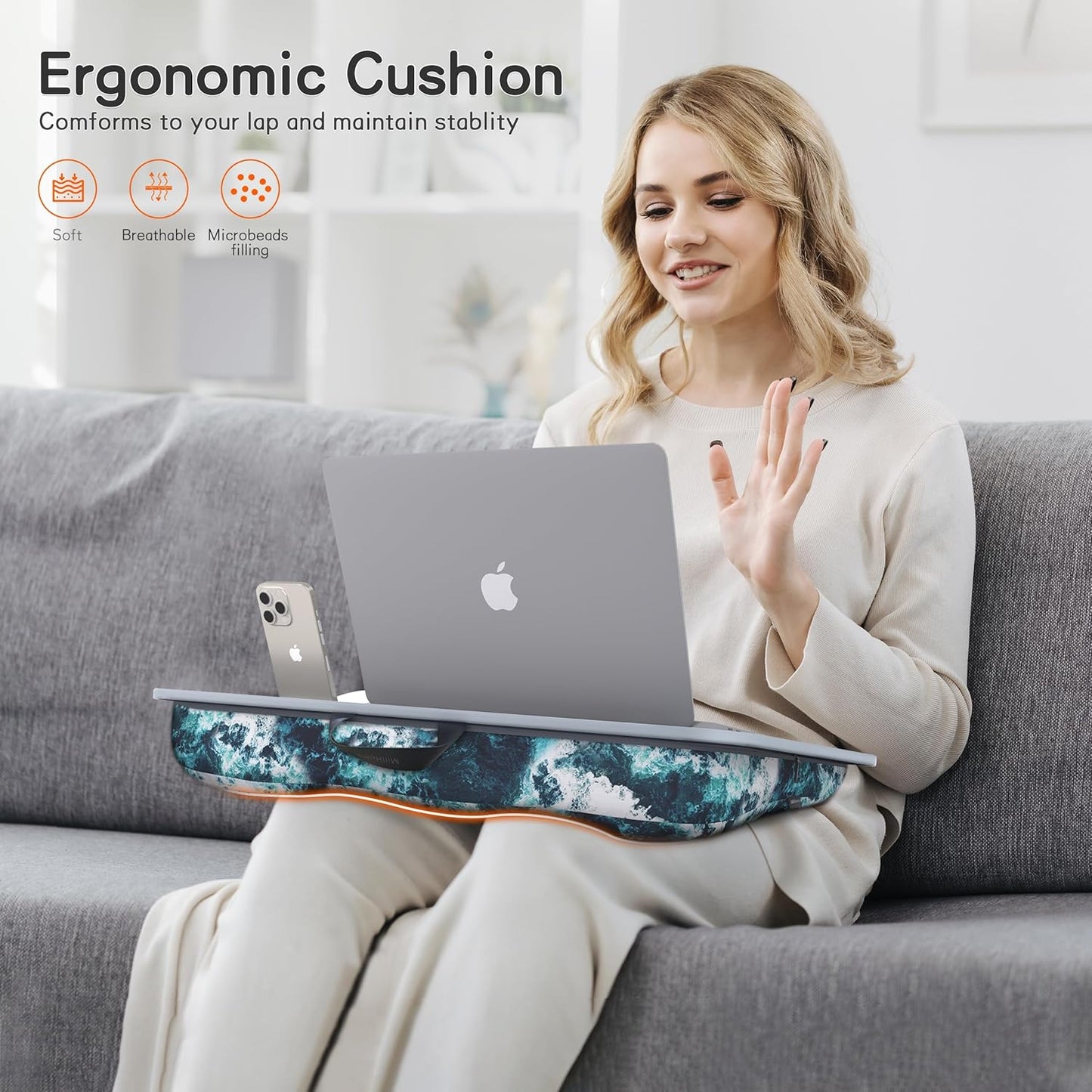 MillHome Blue Lap Desk with Cushion, Fits up to 17 inch Laptop, Tablet Slot and Stopper