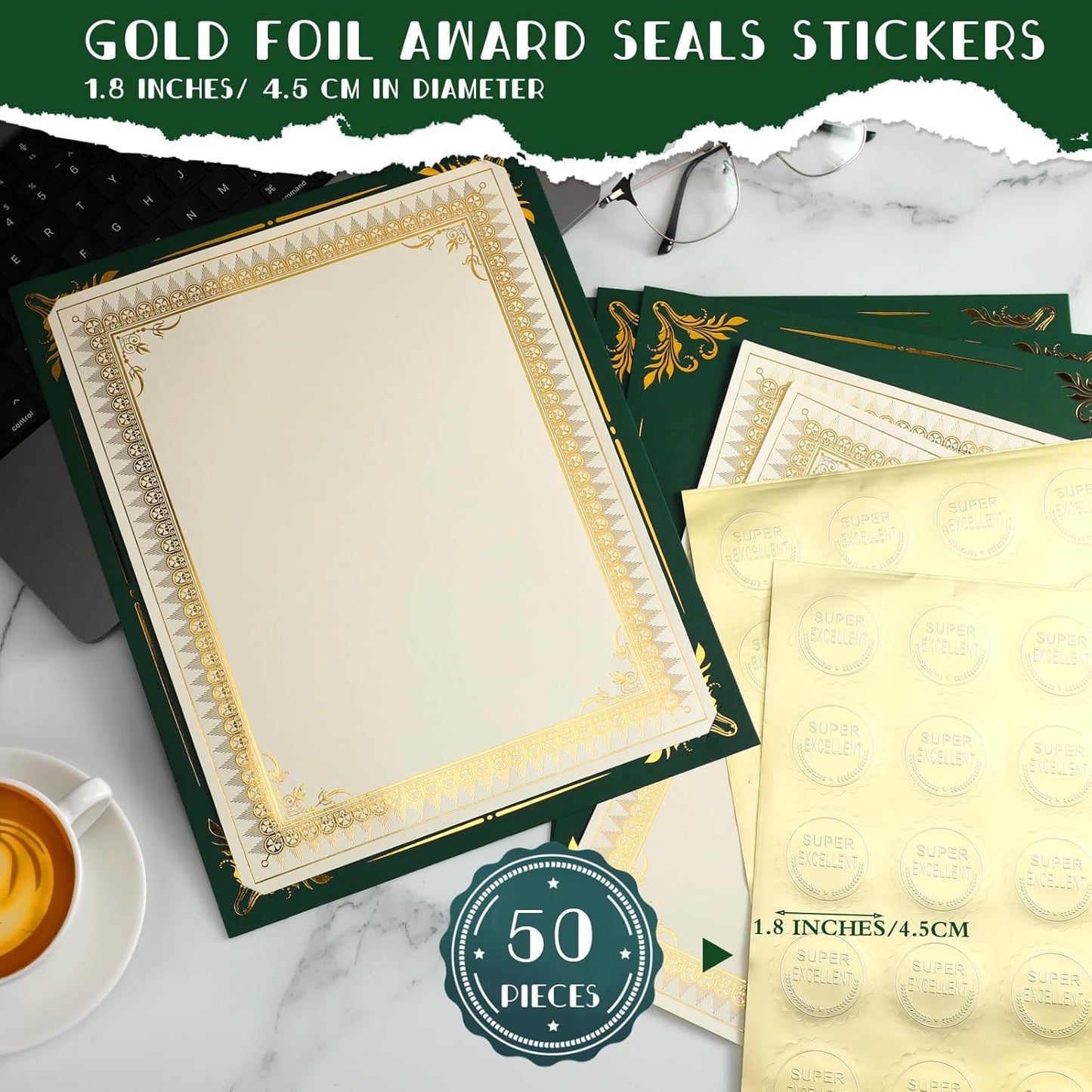 Fainne 50 Sets Certificate Kit Includes 50 Pcs 9.5 x 12 Inch Certificate Holders 50 Pcs Letter Size Papers 50 Pcs Foil Award Seals Diploma Covers for Appreciation(Green, Gold)