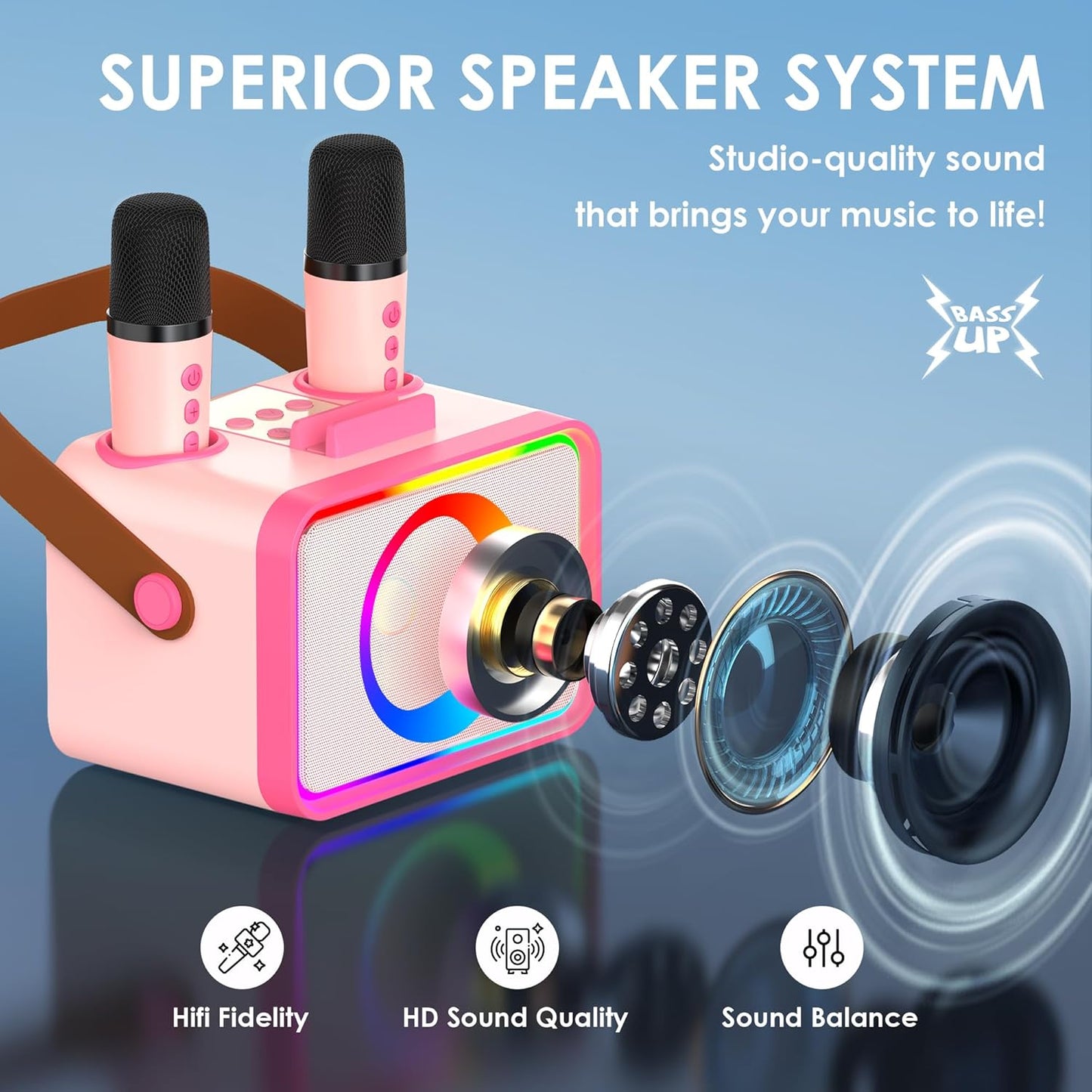 Karaoke Machine,Portable Bluetooth Speaker with 2 Wireless Microphone for Adults & Kids with LED Lights, Karaoke Microphone with PA System Supports USB/TF/AUX,Gift for Party (Pink Red)