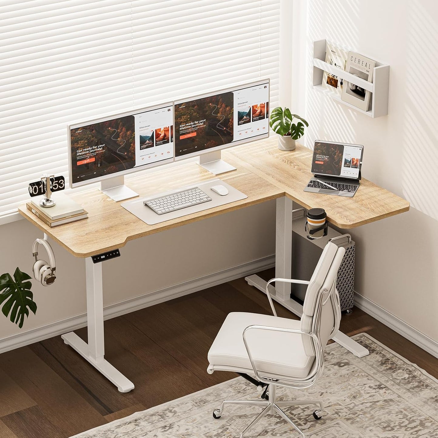 59 Inch L Shaped Standing Desk Adjustable Height, Electric Corner Standing Desk, Sit Stand Computer Table with Reversiable Splice Board,Light Rustic Brown