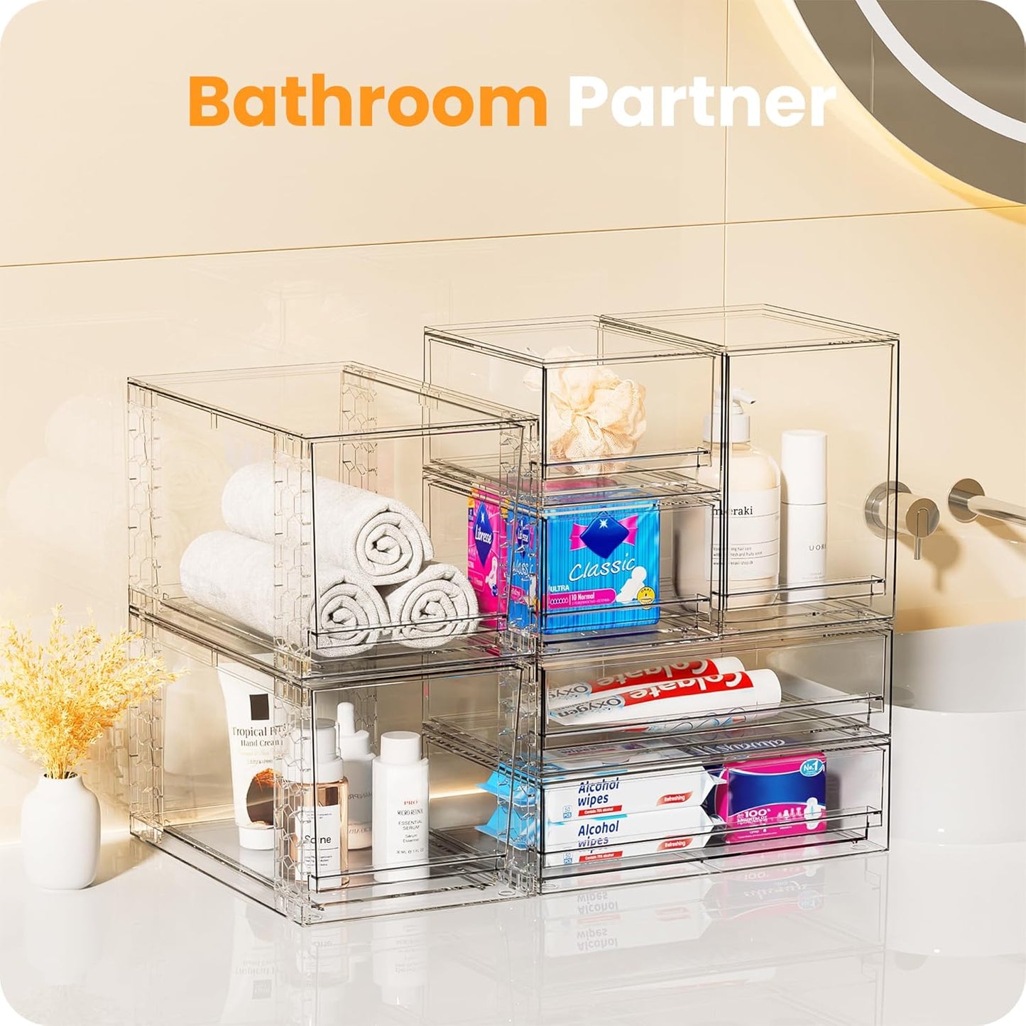 A-LuGei 【𝟮𝗣𝗖𝗦】 Acrylic Stackable Storage Drawers, 8.7" H Makeup Organizer, Bathroom Organizer and Storage, Plastic Storage Bins for Kitchen Cabinet Pantry Medicine Fridge