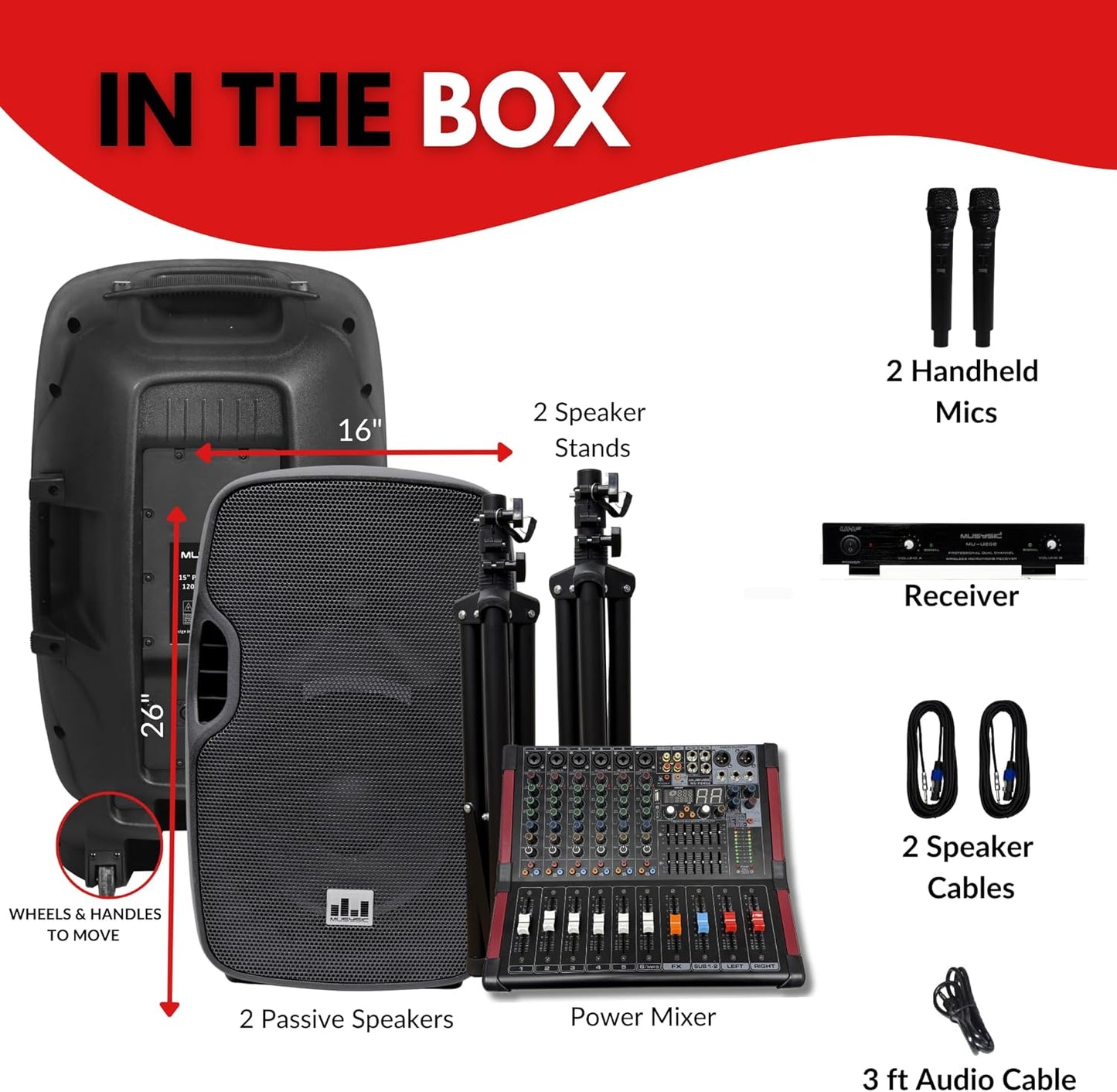MUSYSIC Portable PA System with Wireless Microphone and Speakers – 6 Ch Audio Mixer with Built-in 2000W Amp & Wireless UHF Microphone System, Multiple Inputs, Complete w/Stands - 12" Speaker 1000W