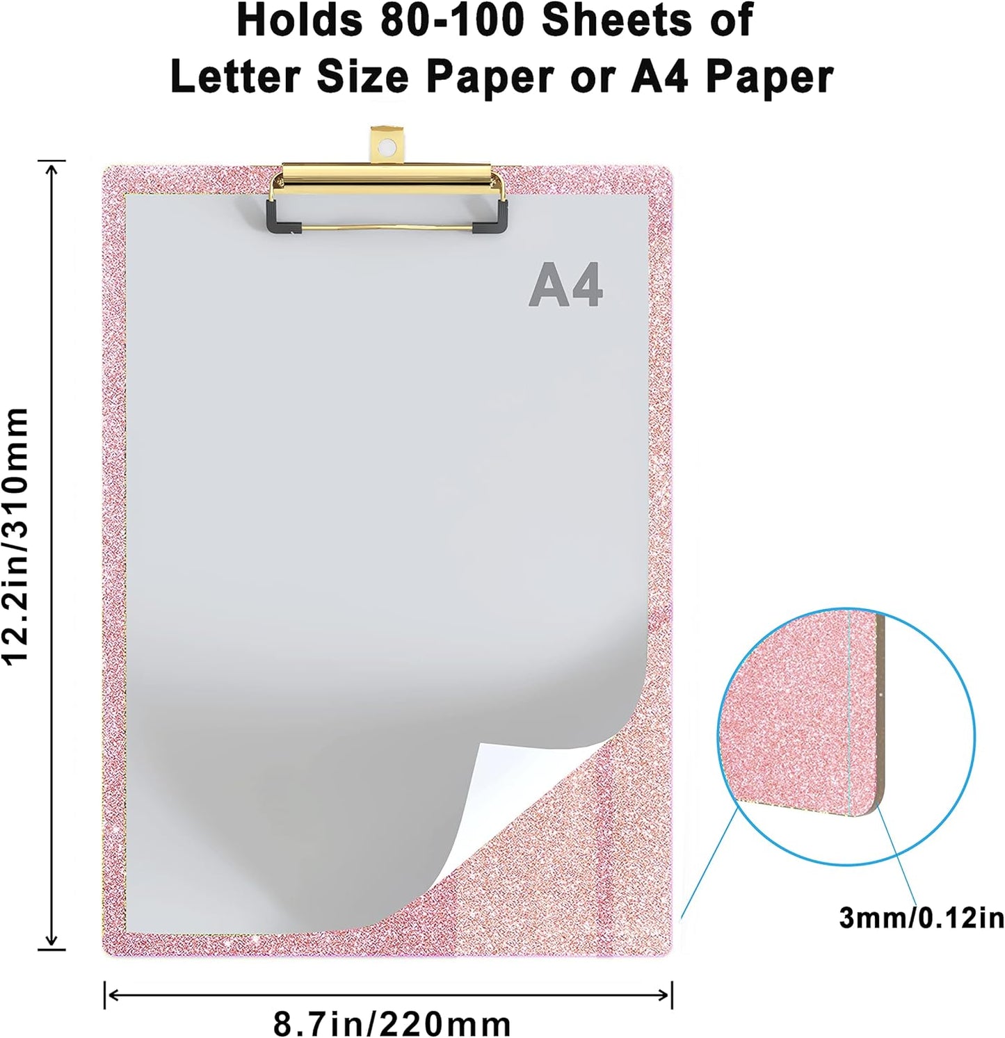 Glitter Acrylic Clipboard Decorative Standard A4 Letter Size 12.2" x 8.7", Fashion Bling Clip Boards with Designed Low Profile Gold Clip for Classroom Office - Rose Gold