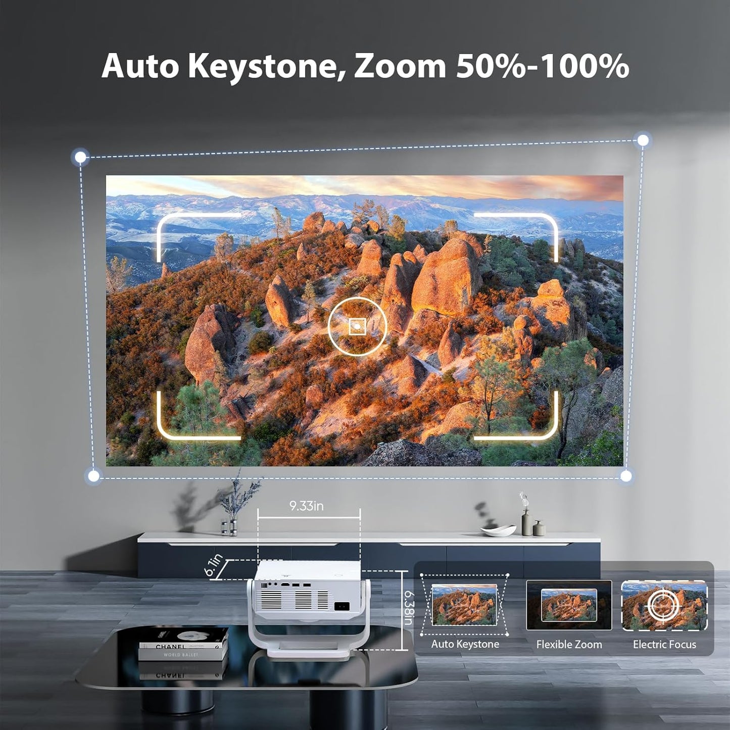 Projector with WiFi and Bluetooth, 1000+ Apps Installed, Electronic Focus & Auto Keystone, Low Fan Noise, Zoom, Native 1080P 4K Support Portable Mini Video Projector Outdoor Indoor