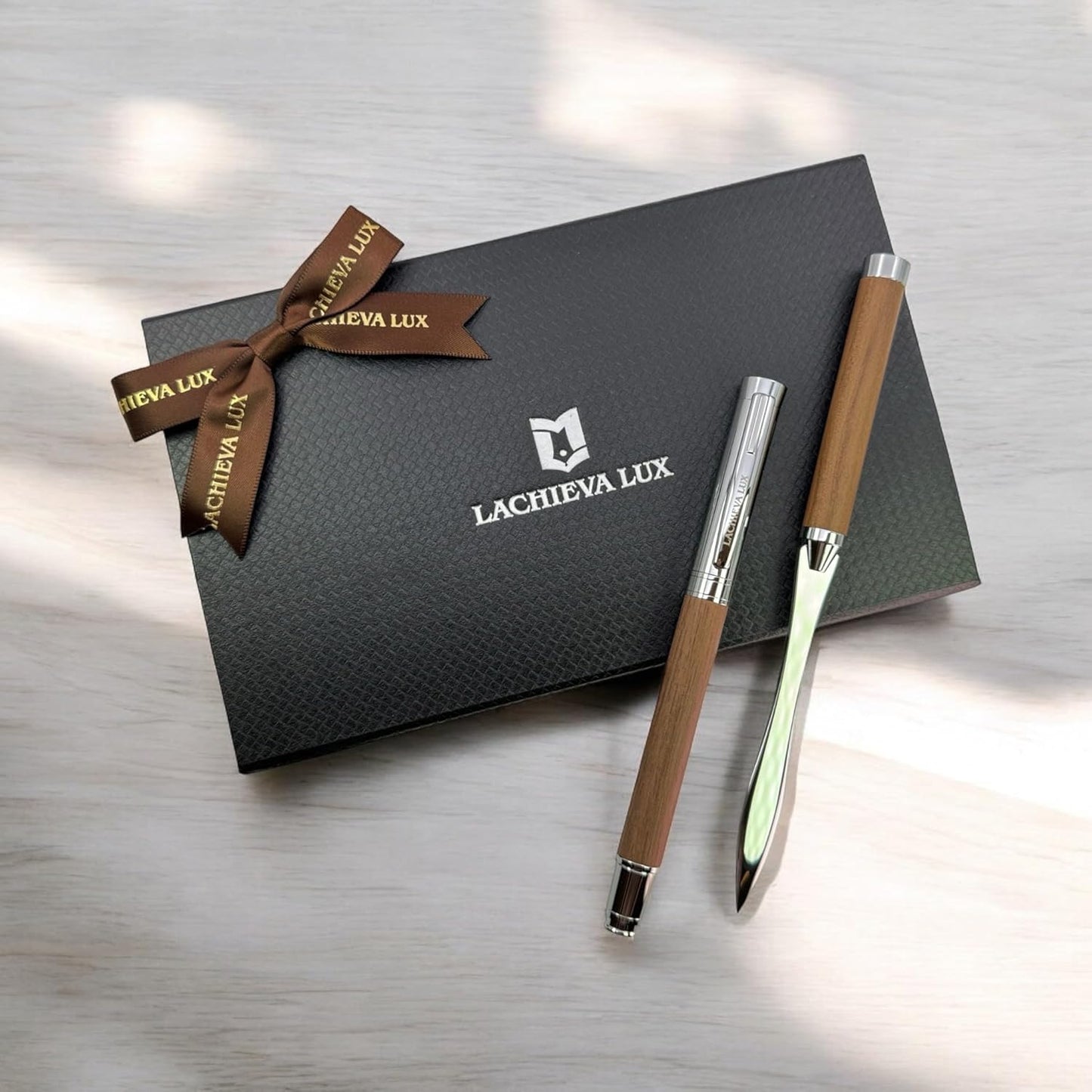 LACHIEVA LUX Walnut Rollerball Pen and Letter Opener Gift Set, Solid Wood with Rich Grain, Gift for Men and Women, TimberDuo Series