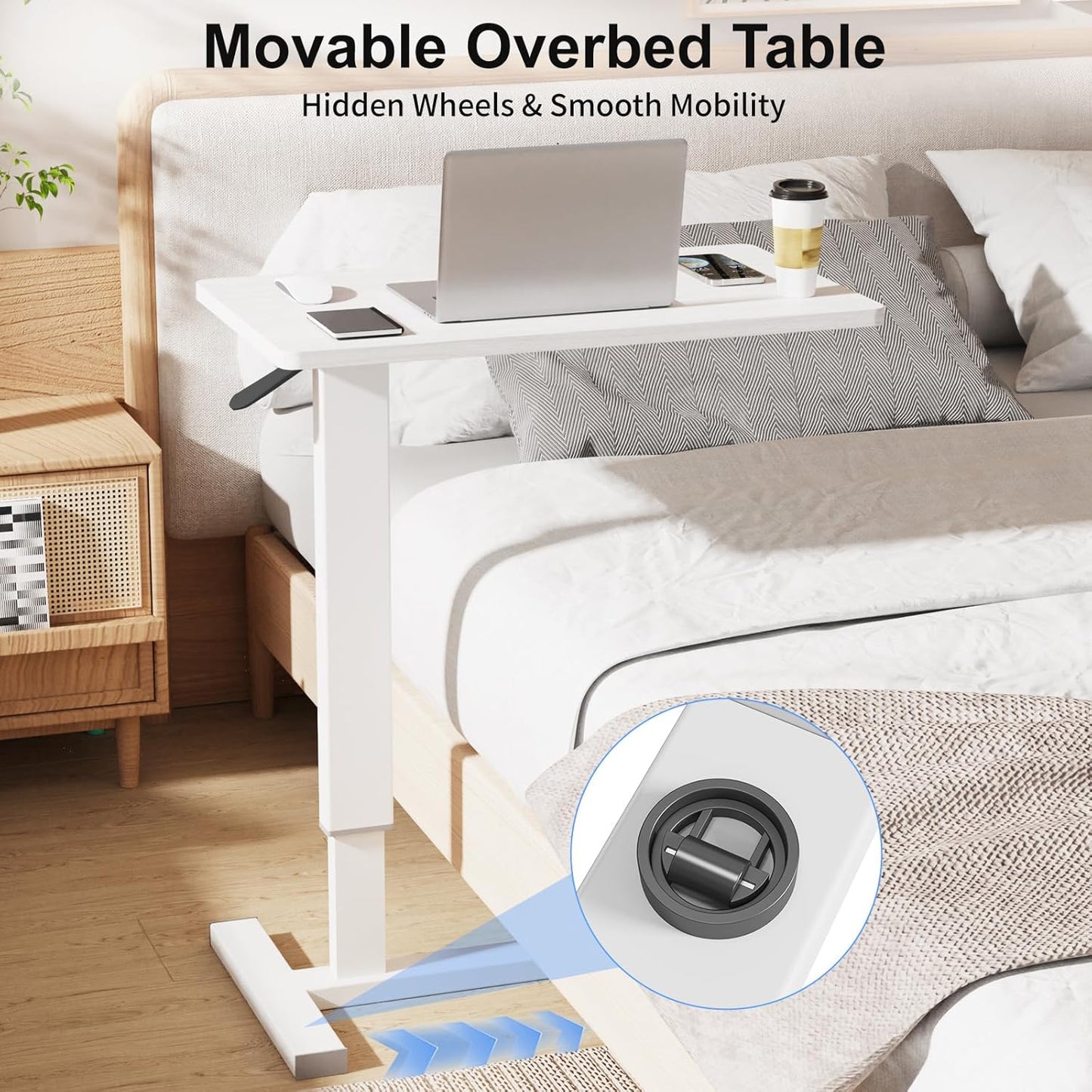 Erinaik Overbed Table with Swivel Hidden Wheels Adjustable Height, Pneumatic Mobile Laptop Bedside Table, Over The Bed Table for Hospital, Office, Home, Study Use