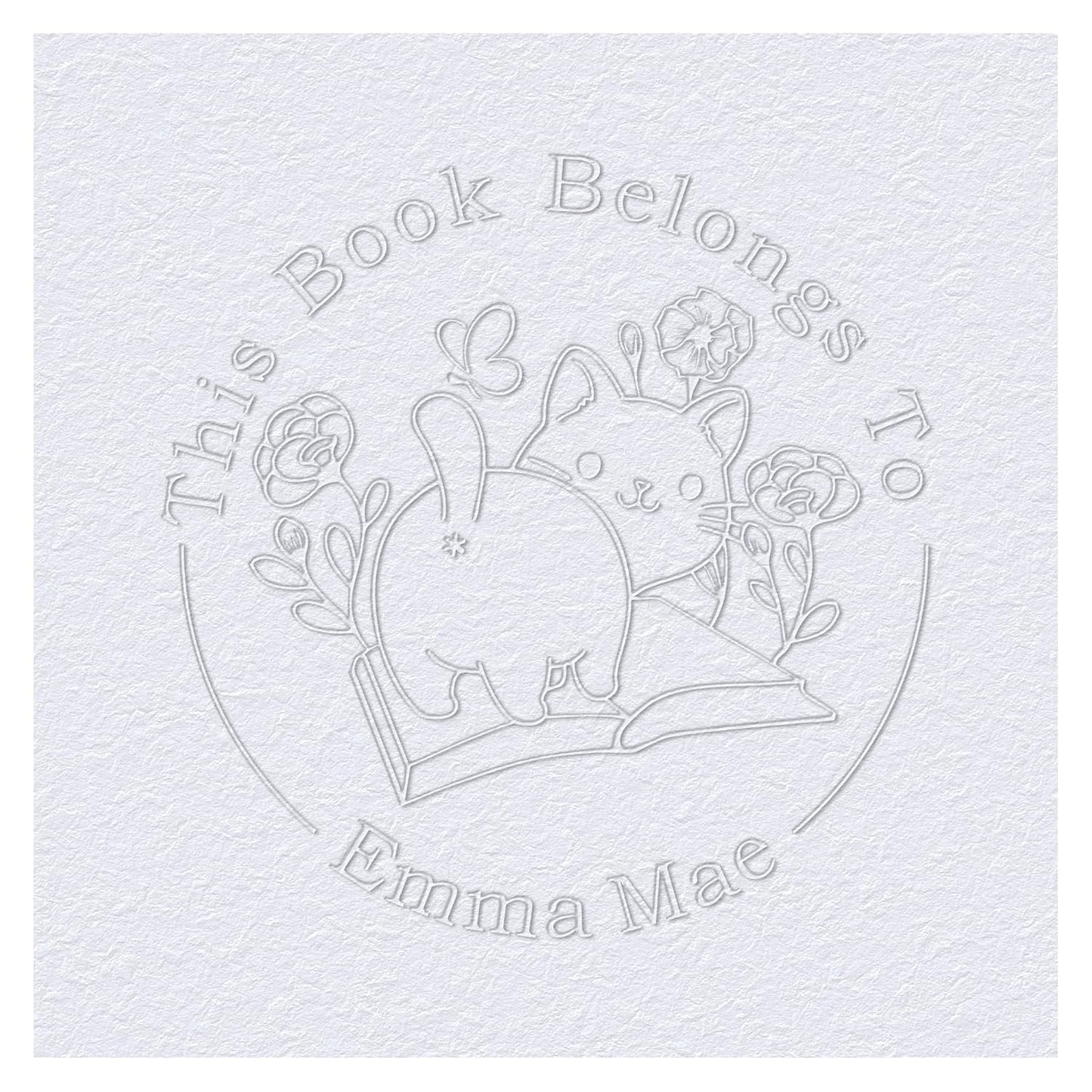 Cat Flower Book Embosser Stamp with Your Name and Ctue Kitty Rose Personalized Library Embosser Stamp Customized Books Business Cards Paper Documents Notebooks etc. (Cute Cat - 02)