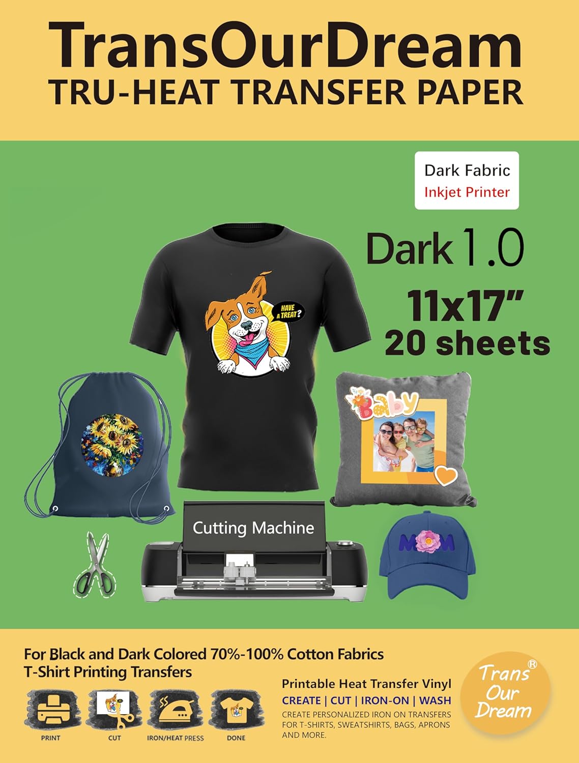 TransOurDream Tru-Iron on Heat Transfer Paper for Dark Fabric (20 Sheets, 11x17") T Shirt Transfers Paper for Inkjet Printer Printable Heat Transfer Vinyl for T-Shirts