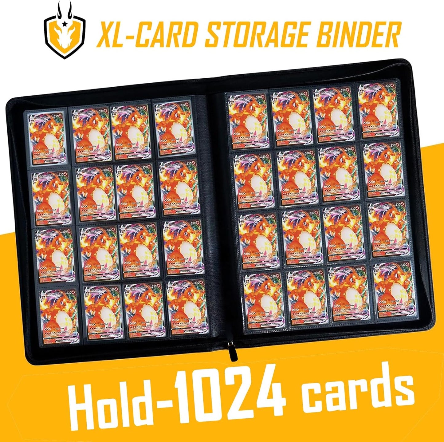 Premium-SV 1024 Pockets Card Binder,Label Design,16 Pocket Trading Card Zipper Binder, Ringless Side Loading Trading Card Album, Folder for TCG,MTG,Sports other Cards -Yellow