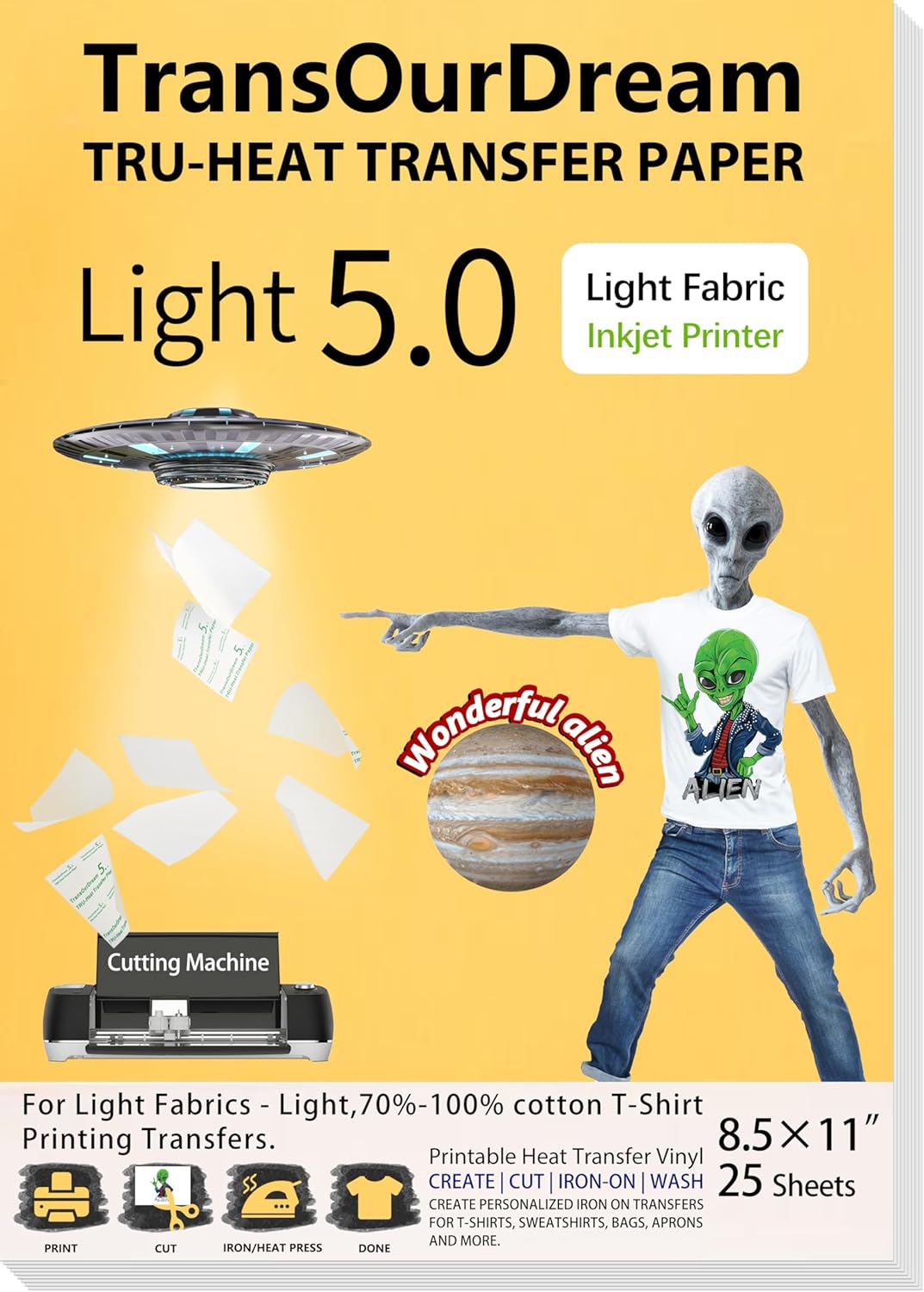TransOurDream Tru-Heat Transfer Paper for T Shirts (25 Sheets, 8.5x11", Light 5.0) Printable HTV Heat Transfer Vinyl for Inkjet Printer Iron on Transfers for Light Fabrics (TRANS-L5-20)