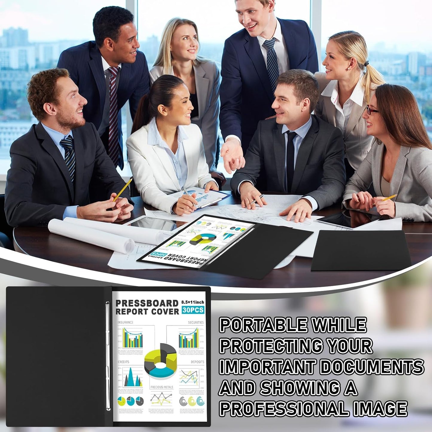 30 Pcs 8.5'' x 11'' Pressboard Report Cover, 3'' Capacity Metal Prong Fastener with Compressor, Letter Size, Presentation Folder to Neatly Bind Report, Proposal Document (Black)