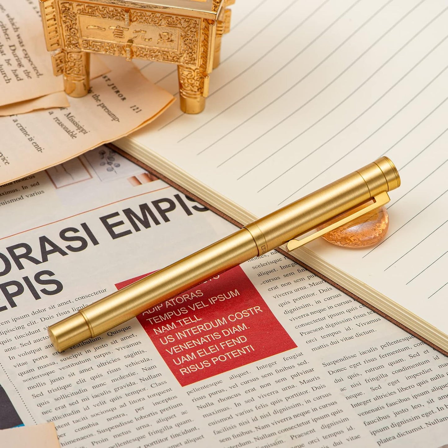 Hongdian 1861 Brass Fountain Pen Long Blade Nib, Classic Design Smooth Writing Pen with Converter and Metal Pen Case Set