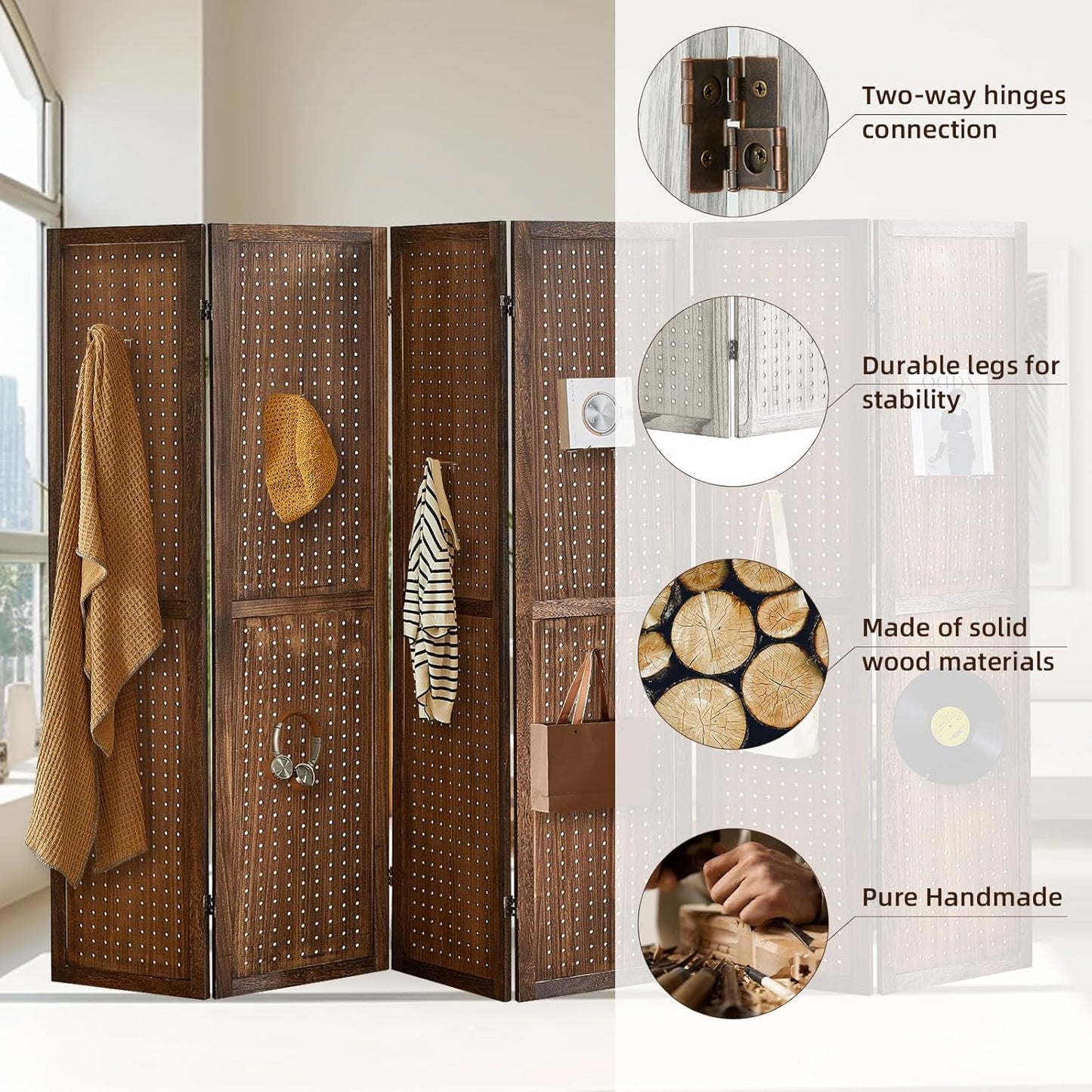 6 Panel Pegboard Display with 24 Hooks, Privacy Dividers for Rooms, Wooden Room Divider Wall and Folding Privacy Screens, Pegboard Room Divider, Bedroom, Balcony, Dark Brown