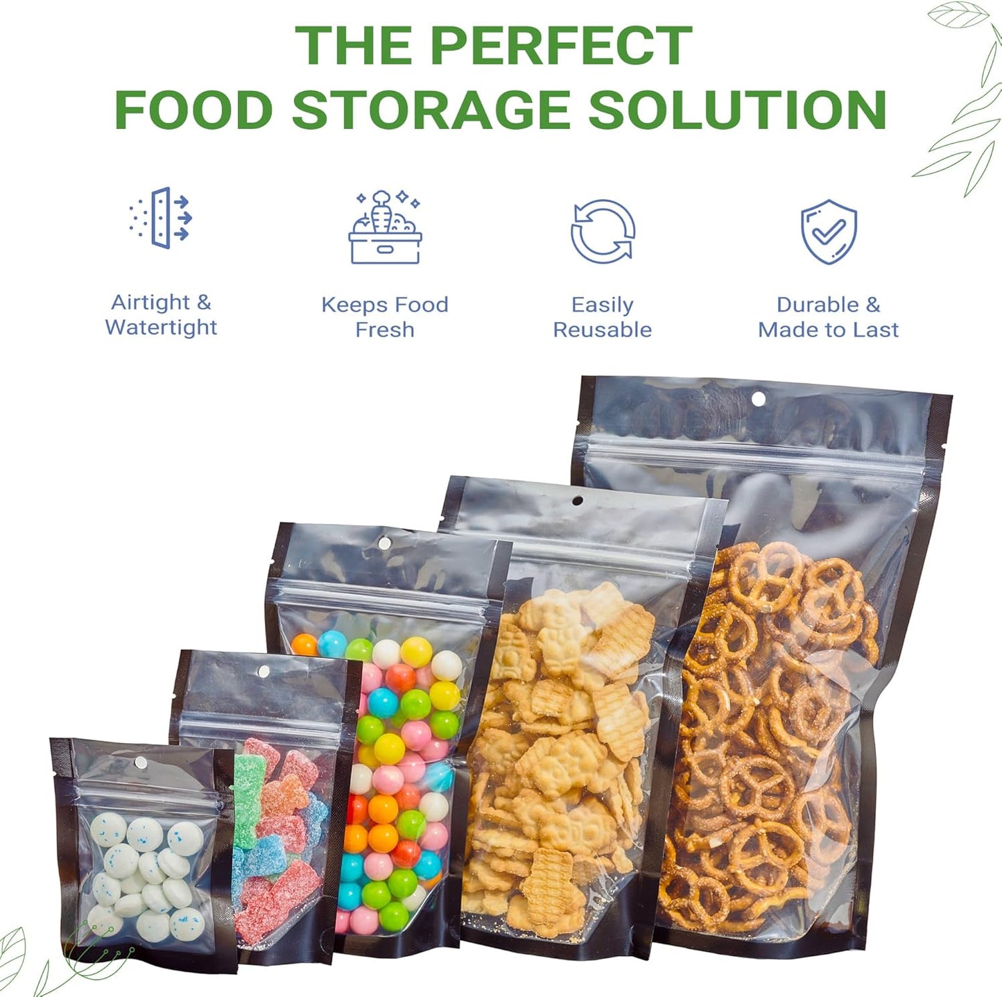 100 Pack 7.5"x11.5" Clear/Black Resealable Stand Up Pouch Bags Mylar Food Packaging with Clear Window and Tear Notches
