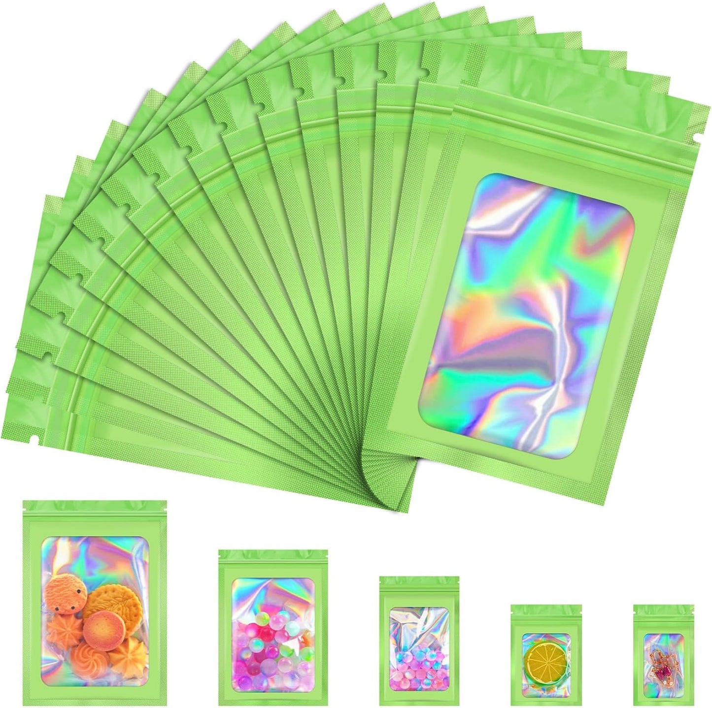 100 Pcs Mylar Bags, Smell Proof Bags Foil Pouch, Holographic Resealable Bags for Small Business, Candy Sample Jewelry Bag Sealable Packaging for Party Favor Food Storage (2.4x3.9in-Green)