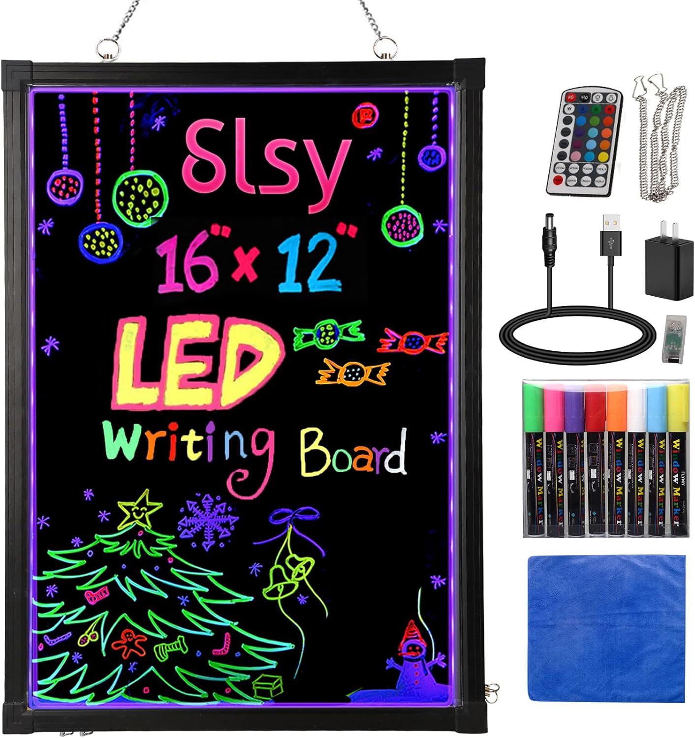 Slsy LED Writing Board 16"x12", Illuminated Erasable Neon Message Sign with 8 Fluorescent Markers & 26 Flashing Modes, Light Up Menu Board for Restaurant, Bar, Cafe, Shop