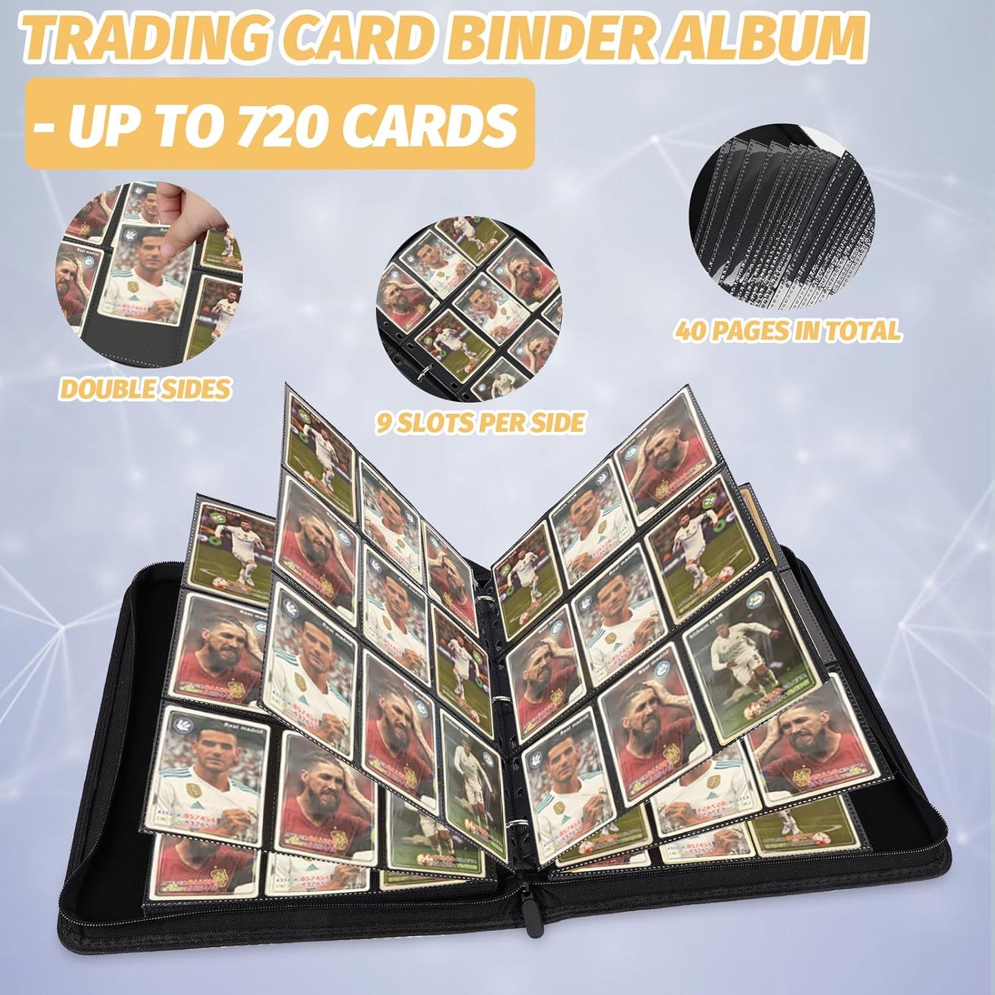9 Pocket Card Binder, Premium Zip Trading Card Binder, 720 Double Sided Pocket PU Card Collection Binder, Collector Card Album, Card Folder for MTG, TCG, Sports Cards, Game Cards (yellow)