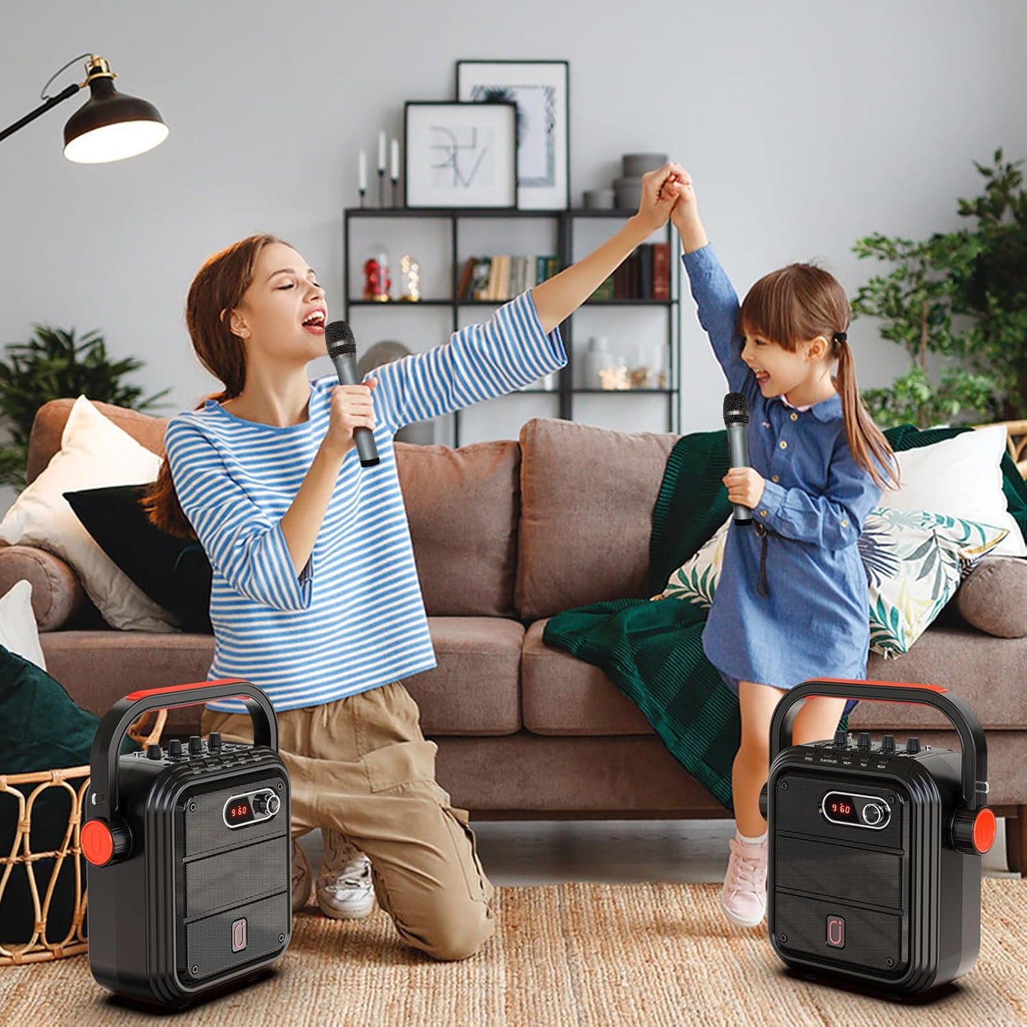 JYX Karaoke Machine with 2 Wireless Microphones, 5200mAh Portable Speaker Set Bluetooth 5.0 Rechargeable PA System with TWS,FM, REC,Stage Subwoofer Supports BT/USB/TF Card/Aux for Party