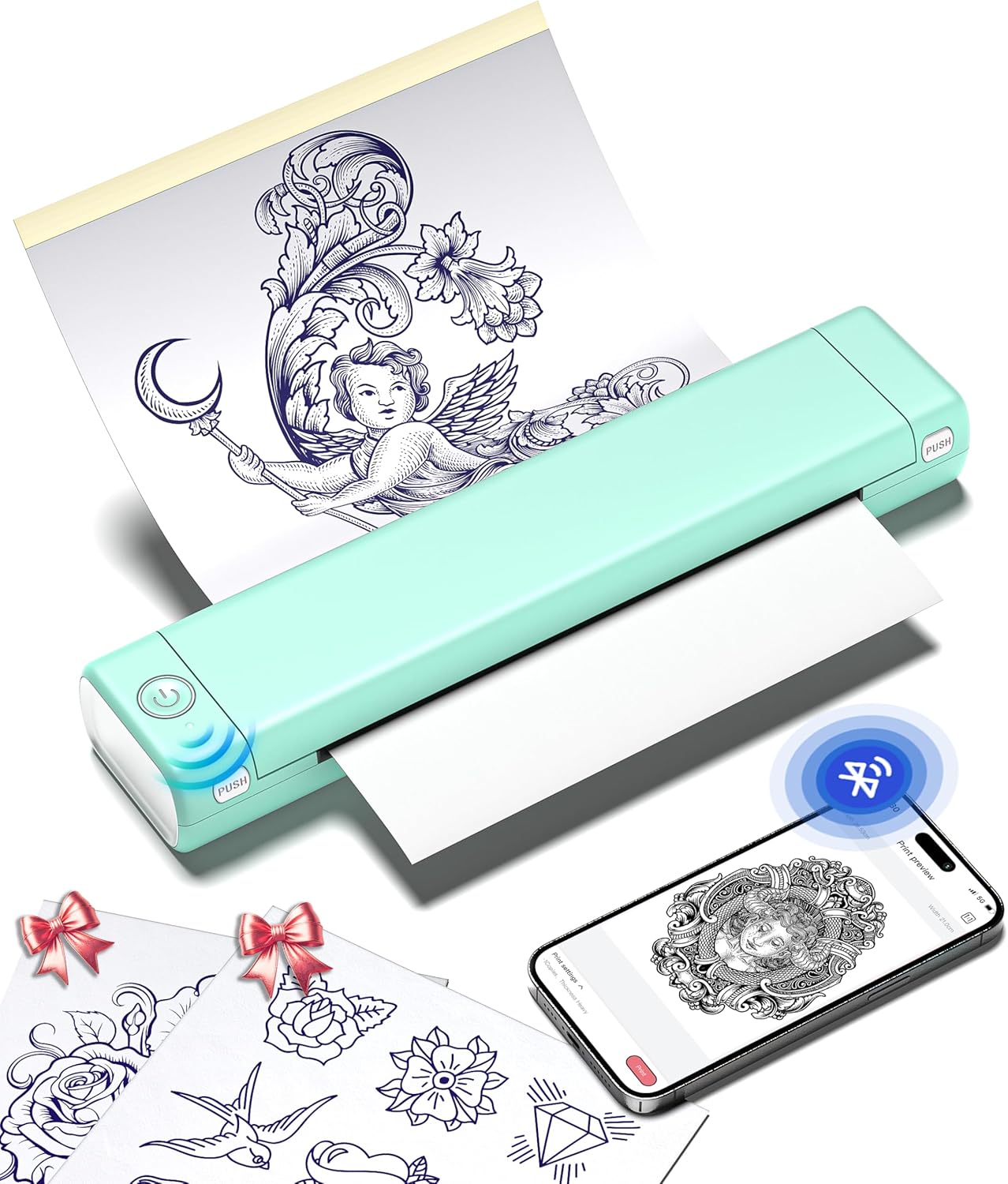 Phomemo Tattoo Stencil Printer, M08F Wireless Thermal Tattoo Printer with 10pcs Transfer Paper, Compatible with Phone/Tablet/PC, Tattoo Supplies for Tattoo Artists & Beginners, Green