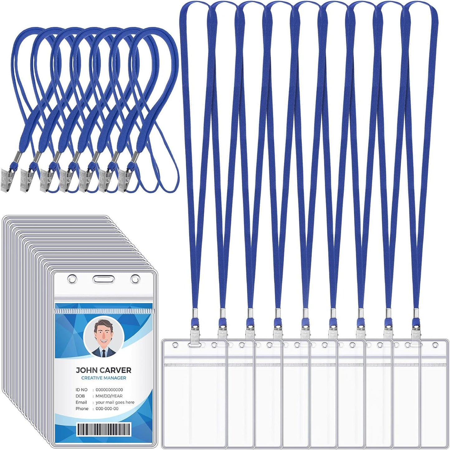 Marspark 200 Pcs Name Tag Lanyards with ID Holder Lanyards for ID Badges Resealable Flat Neck Name Tag with Clip Waterproof Plastic Clear Badges Bulk for School Office Supplies (Blue)