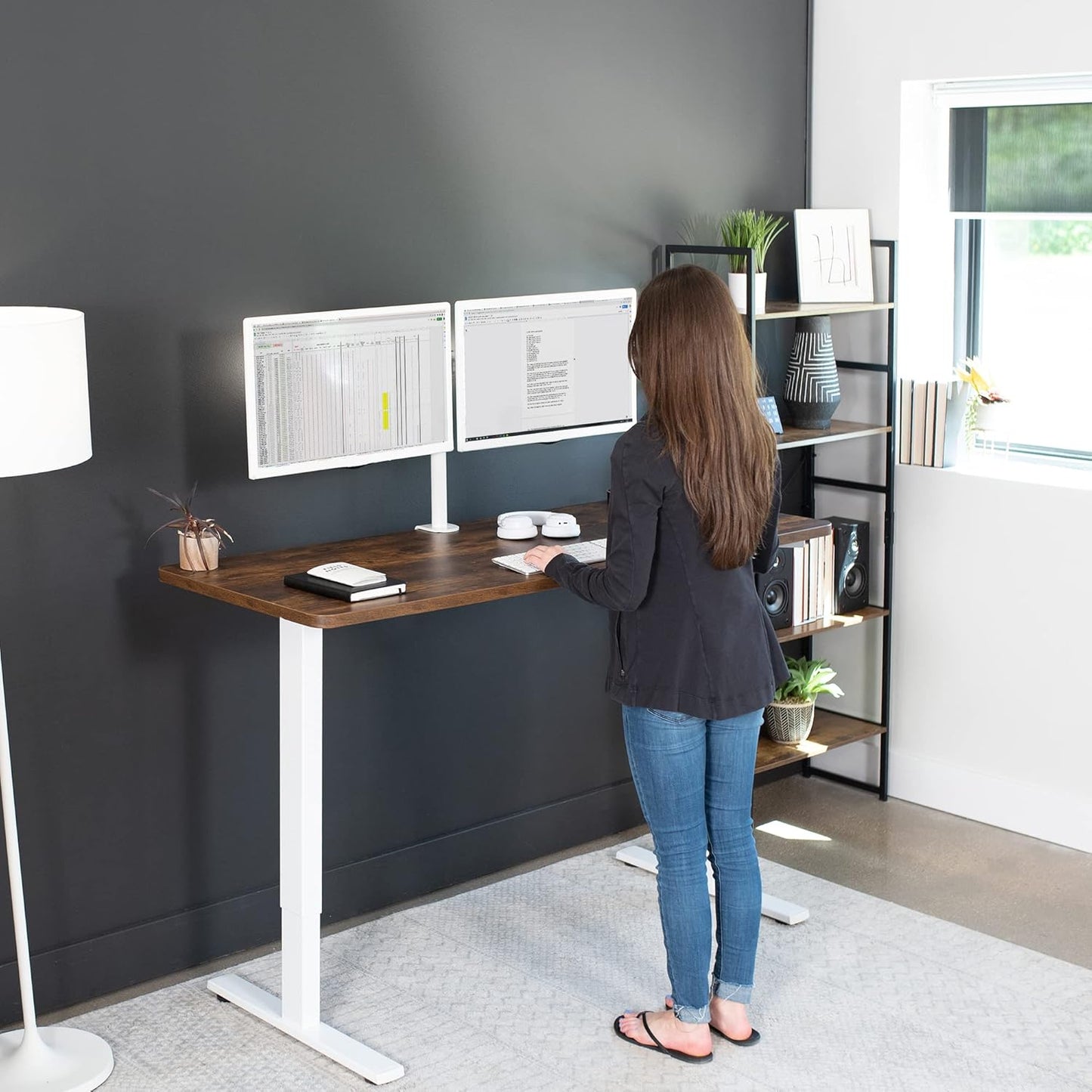VIVO Electric 60 x 24 in Rustic Standing Desk, Memory Height Adjustment, 1B Series, One-Piece Vintage Brown Top, White Frame, DESK-KIT-1W6N