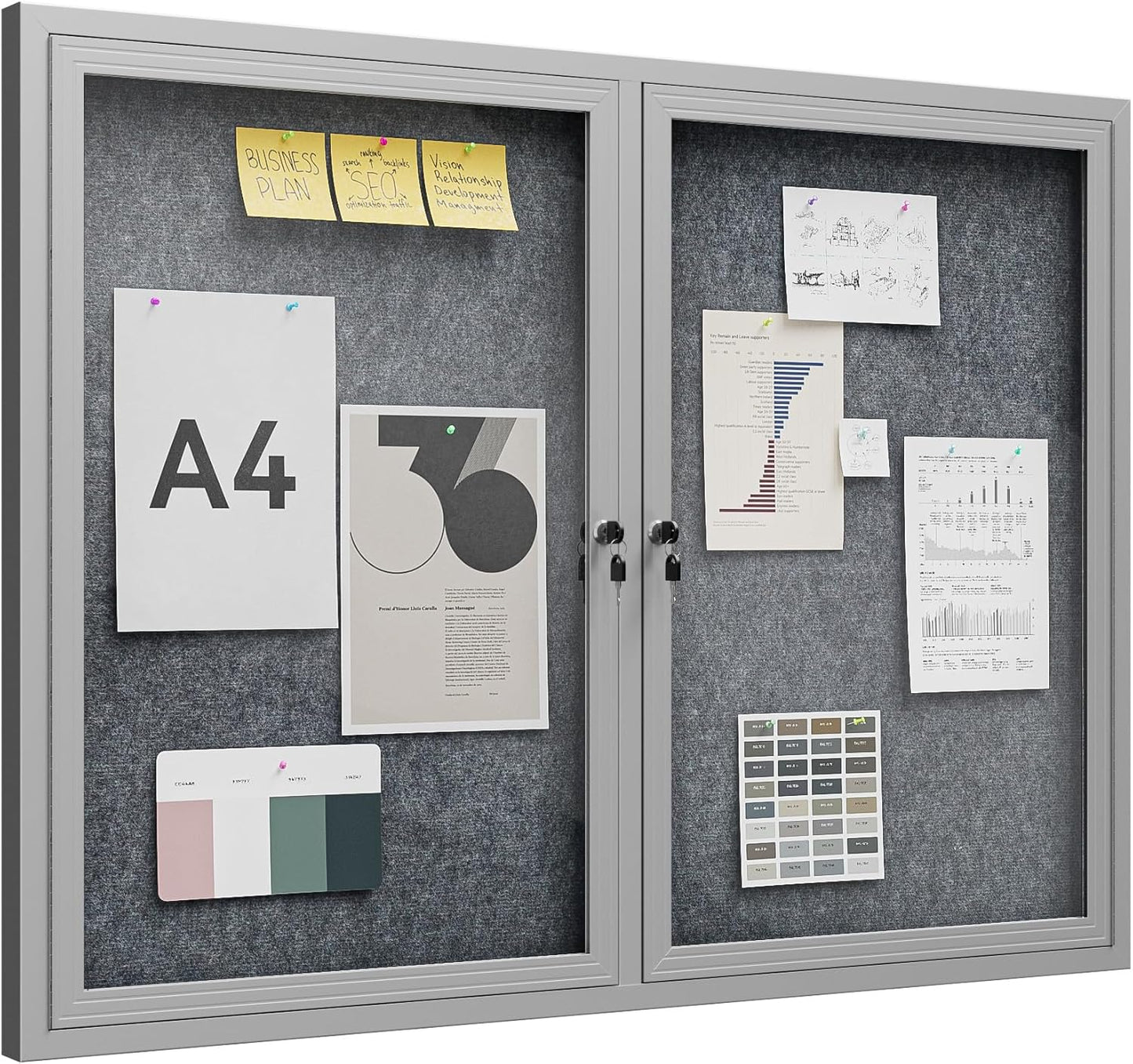 48"x36" Lockable Enclosed Bulletin Board, Outdoor Flet Weather-Resistant Aluminum Frame Notice Board, Wall Mounted Display Case Acrylic Doors for School,Office,Silver Frame w/Grey Flet