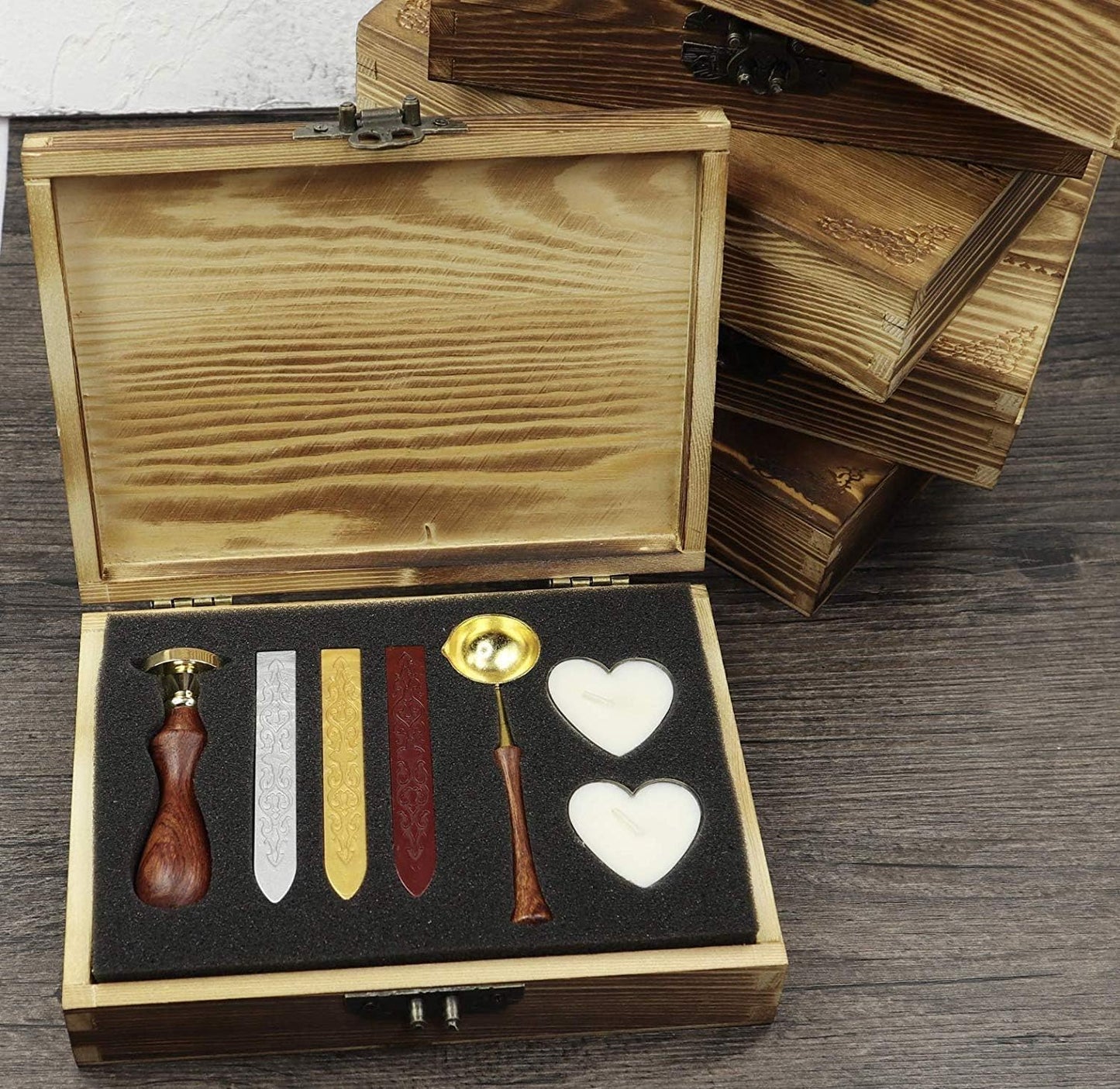 Vintage Customize Personalized Custom Wedding Monogram Initials Wax Seal Stamp Kit Wooden Handle Spoon Stick Wood Gift Box Set Wedding Invitation Gift Wrap Custom Words Sealing Wax Seal Stamp Set