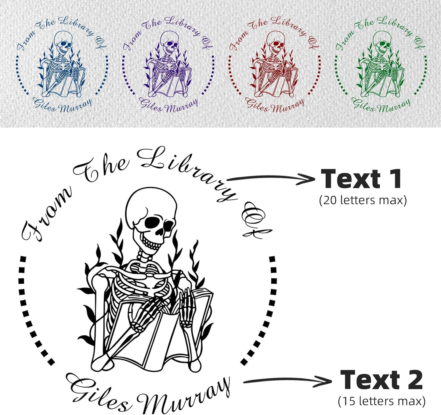 Skull Themed Library Book Embosser，Custom Book Business Card Paper Document Notebook，Self Inking Stamp，Book Lover Gifts，Christmas Gifts (Style02)
