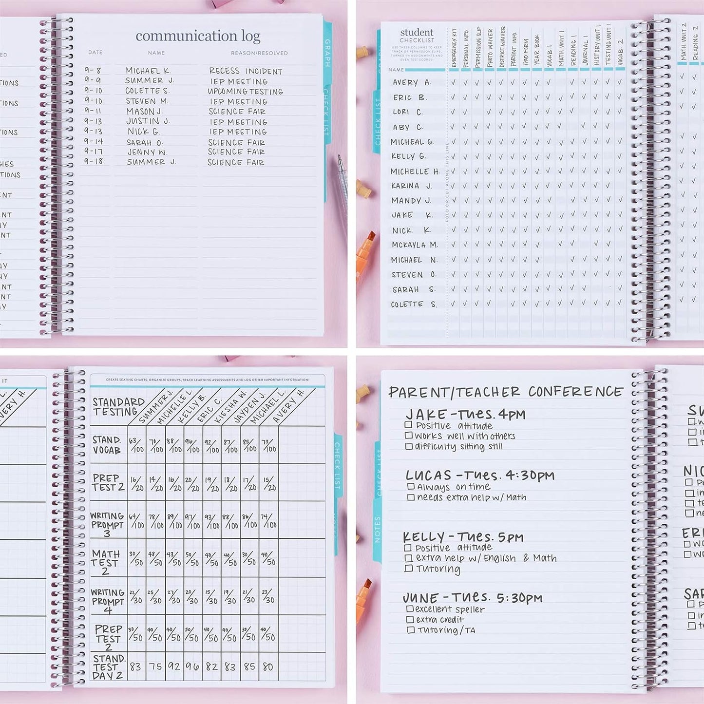 Erin Condren Spiral Teacher Record Book 7" x 9" Platinum-Coiled Notebook with 160 Pages, Colorful Tabbed Sections, Sturdy Laminated Cover, Designed for Tracking Grades, Learn, Teach, Inspire