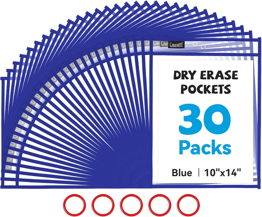 Gamenote Dry Erase Pockets 30 Pack with Rings - Oversized Reusable Plastic Sleeves Shop Ticket Holders Sheet Protectors Teacher Supplies for Classroom Organization (Blue)