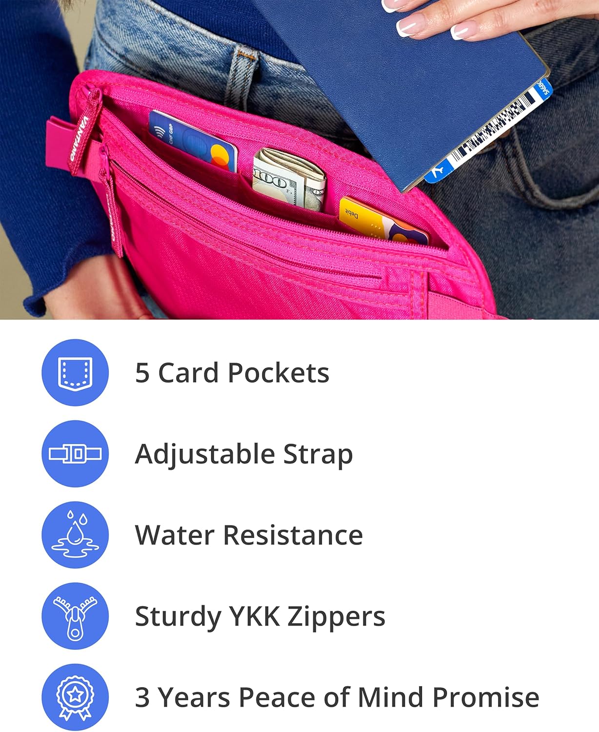 Vantamo Hidden Money Belt For Extra Safety, RFID Ultra-Thin Fanny Pack, 2 Compartment Money Bag Fits Passport & Phone