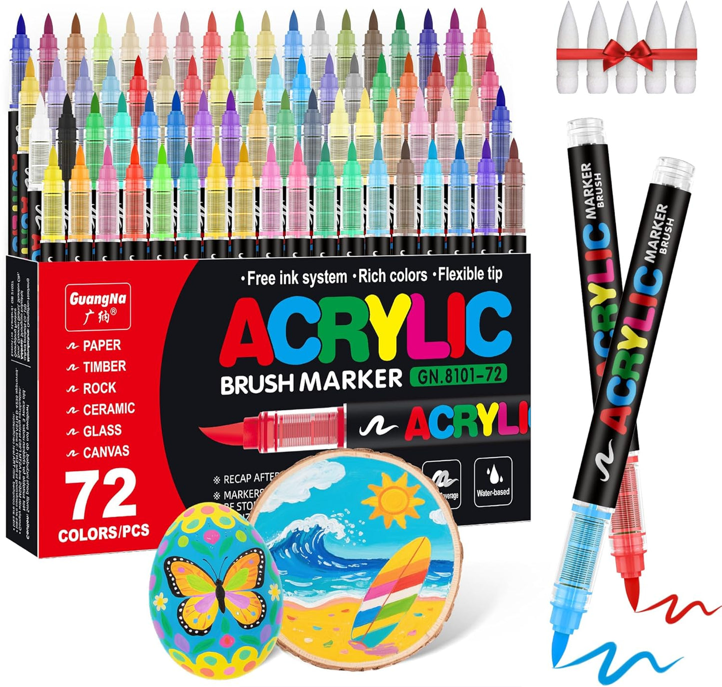 Guangna Acrylic Paint Markers Brush Tip, 72 Vivid Colors with Direct-Liquid Ink Control System, Professional-Grade Paint Pen for Rock Painting, Canvas, Glass, Plastic, Fabric & Creative Crafts