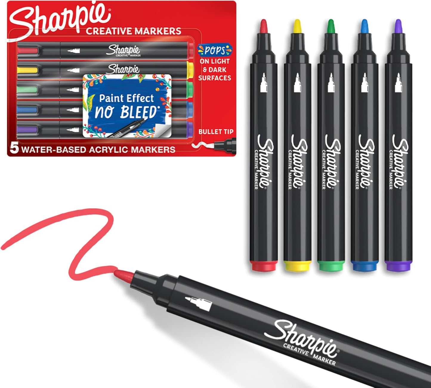 Sharpie Creative Markers, Water-Based Acrylic, Bullet Tip, Assorted Colors, 5 Count – Arts & Crafts, Kids Activity, School Classroom; Works on Paper, Metal, Wood, Ceramic, Glass, Rock, Canvas
