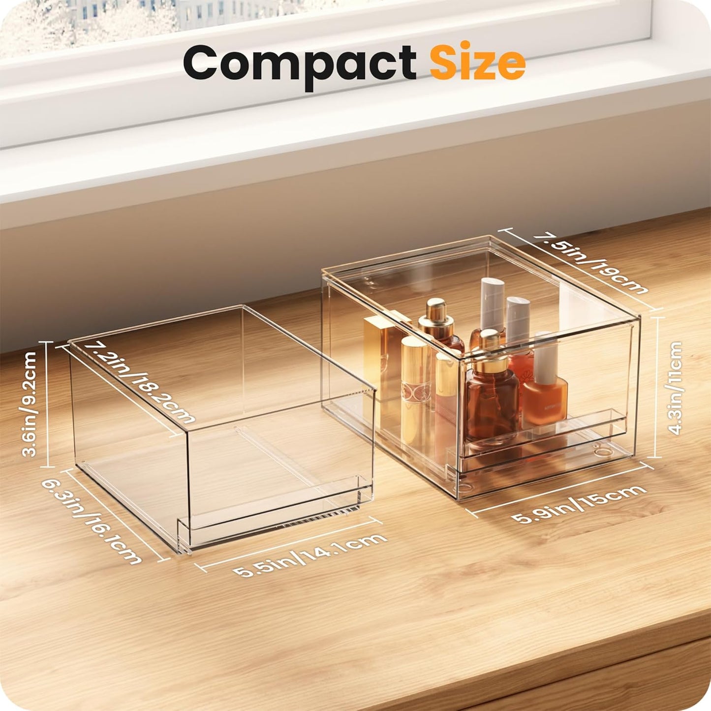 A-LuGei 【𝟰𝗣𝗖𝗦】 Acrylic Stackable Drawers, 7.5" L Makeup Organizer, Bathroom Organizer and Storage, Plastic Storage Bins for Kitchen Cabinet Pantry Medicine Fridge