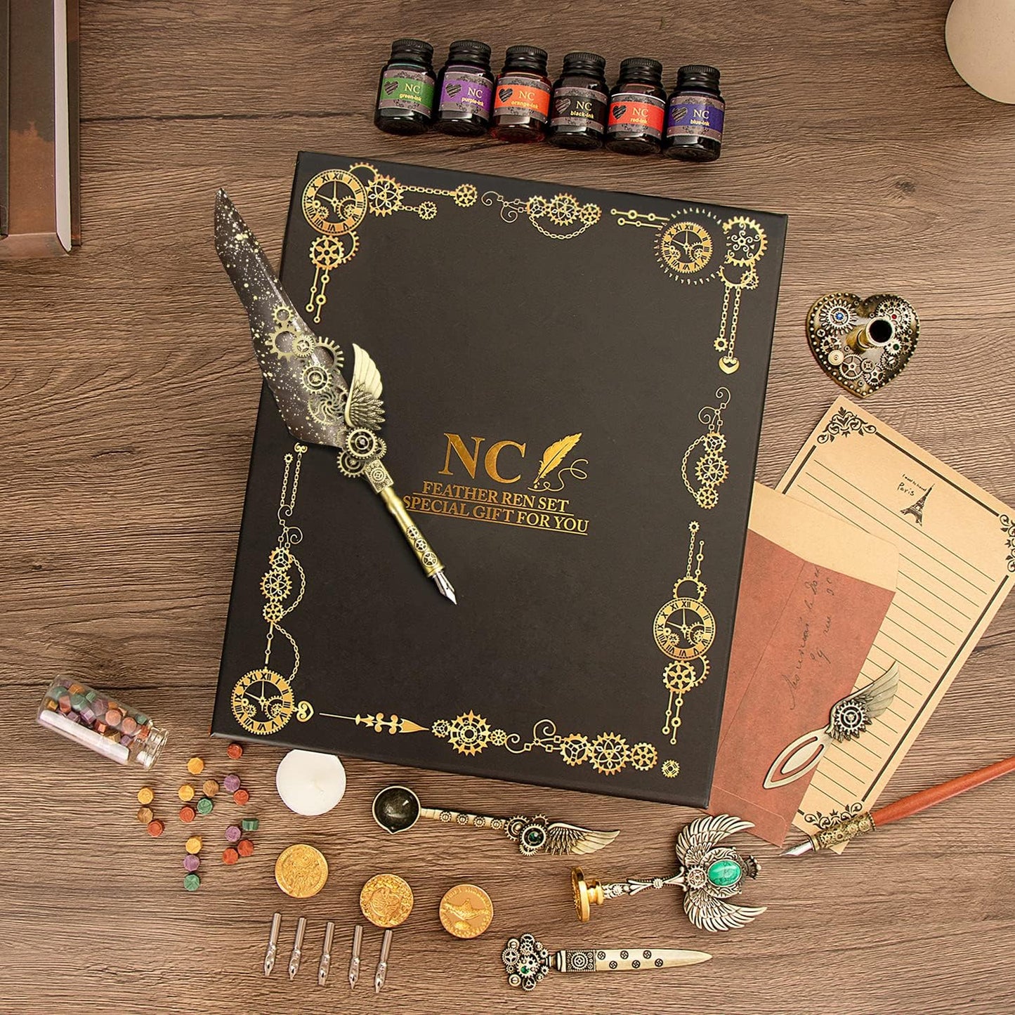 NC Quill Pen & Ink Set, Feather Calligraphy Pen, Wax Seal Stamp, Valentine's Day & Birthday Gift, Various Holiday Ideal Gift (Grey)