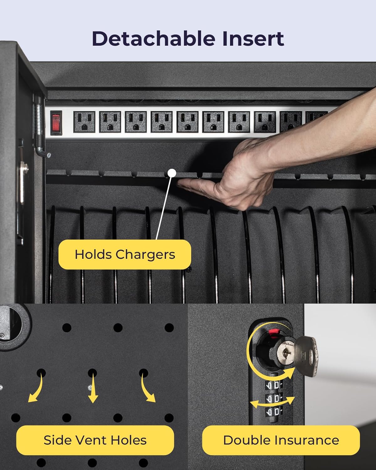 Volcora 12 Device Charging Cabinet for Laptop, Tablet, Chromebook, iPad, Wall Mounted Locking Charging Station with Keys, Surge Protection, Cable Management for Classroom, School Supplies, Black