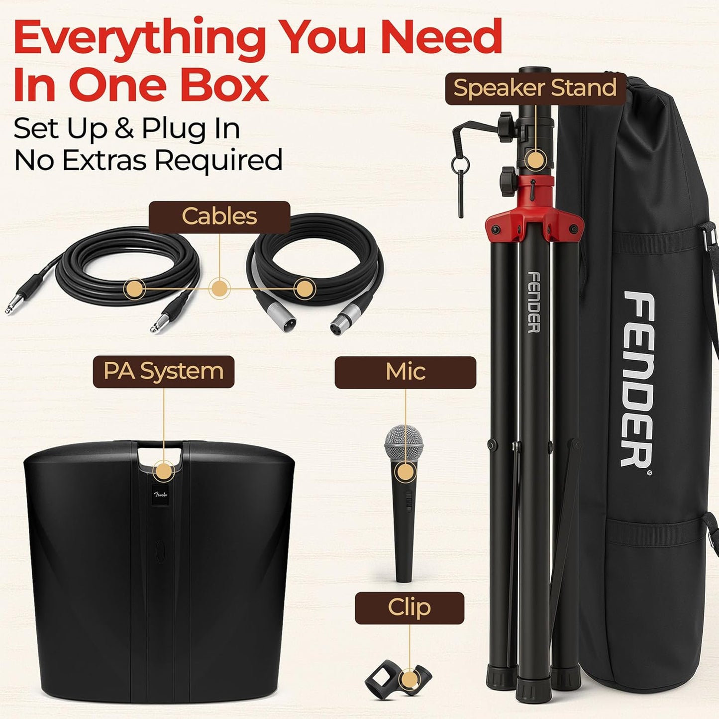 Fender Passport Event S2 Portable PA System Bundle with Microphone, Compact Speaker Stands, XLR Cable, and Instrument Cable