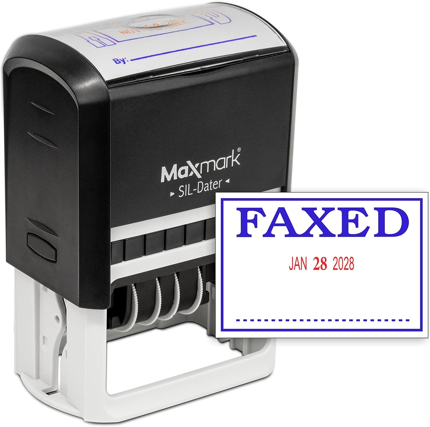 MaxMark Large Self-Inking Rubber Date Office Stamp with Faxed Phrase & Date - Blue/Red Ink, 12-Year Band - Style 3