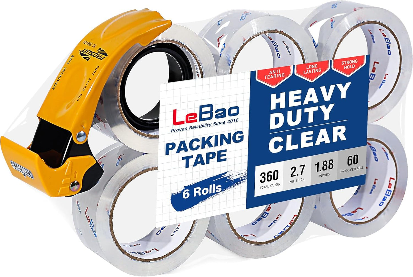 Heavy Duty Packing Tape with Metal Dispenser, Strong HD Clear Packaging Tape, 6 Rolls 1.88 in. x 60 yd. x 2.7MiL, Secure Sealing for Cardboard, Moving Boxes & Shipping Supplies