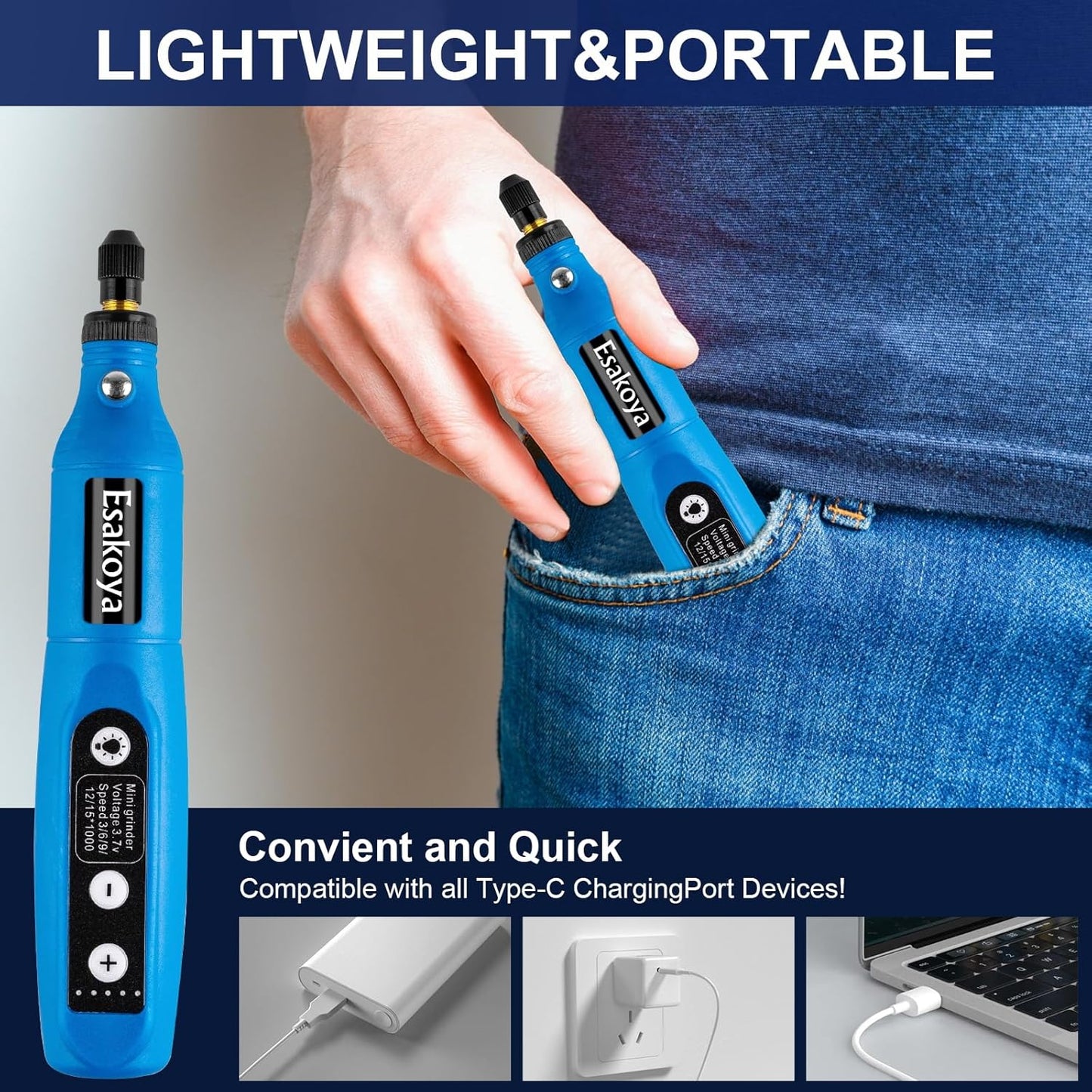 Cordless Rotary Tool, 5-Speed Mini Rotary Tool Kit with 75 Accessories, Multi-Purpose 3.7V Type-C Charging Rotary Tool for Engraving, Sanding, Polishing, Drilling, Grinding, Small DIY Crafts