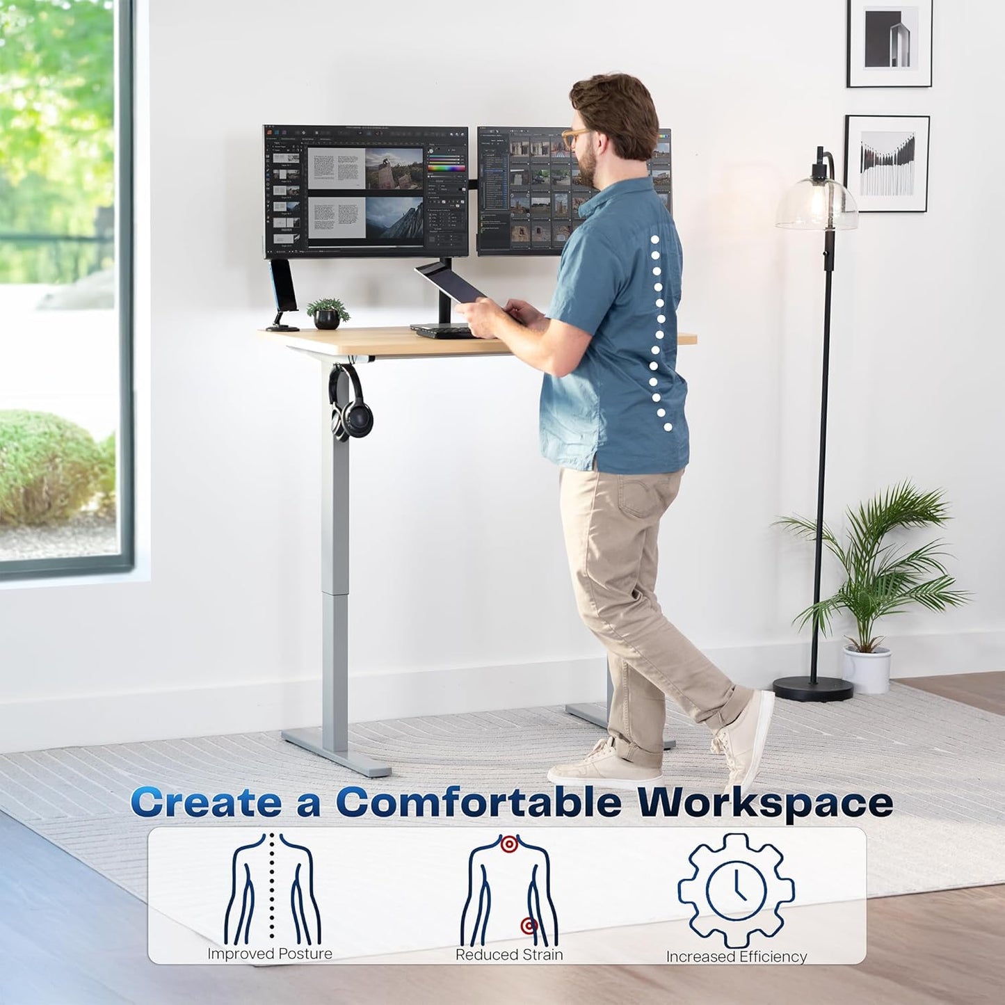 VIVO Electric 43 x 24 in Standing Desk, Memory Height Adjustment, 1B Series, One-Piece Light Wood Top, Gray Frame, DESK-KIT-1G4C