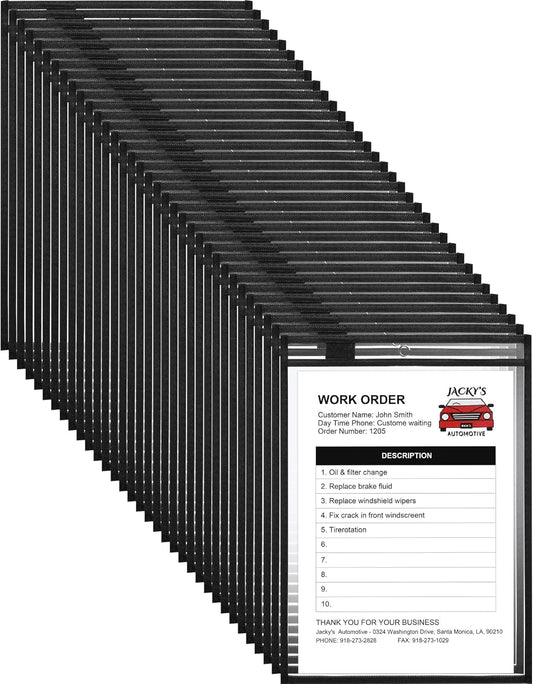 Nezyo Dry Erase Pockets Plastic Job Ticket Holders Shop Holder Order Pockets Clear Sleeves Tickets Folders Plastic Sleeves Paper Teacher Supplies for Classroom (14 x 10 in,Black,50 Pcs)