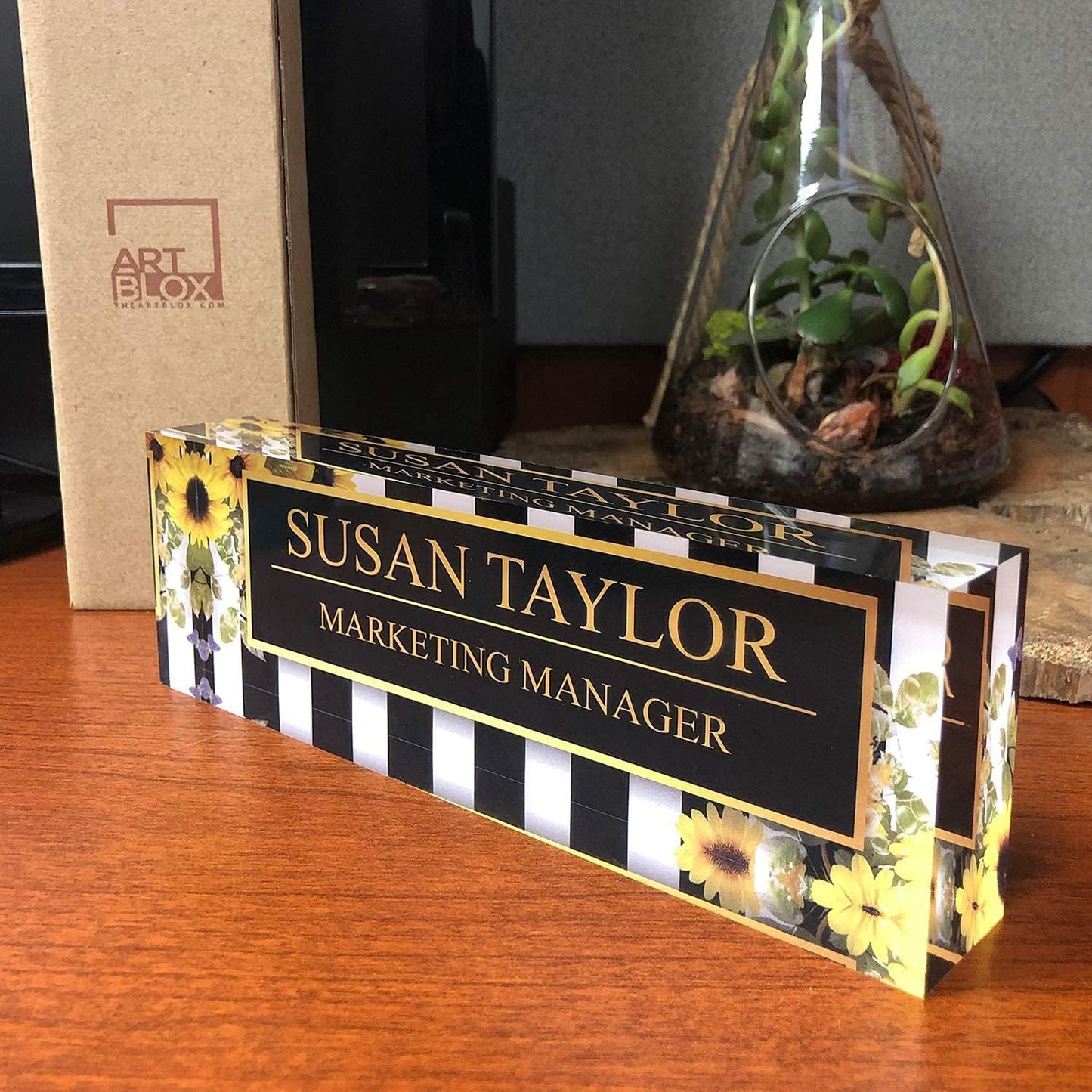 Artblox Office Desk Name Plate Personalized | Custom Name Plates on Acrylic Glass Decor | Office Desk Decor - Sunflowers Design - (8"x2.5")