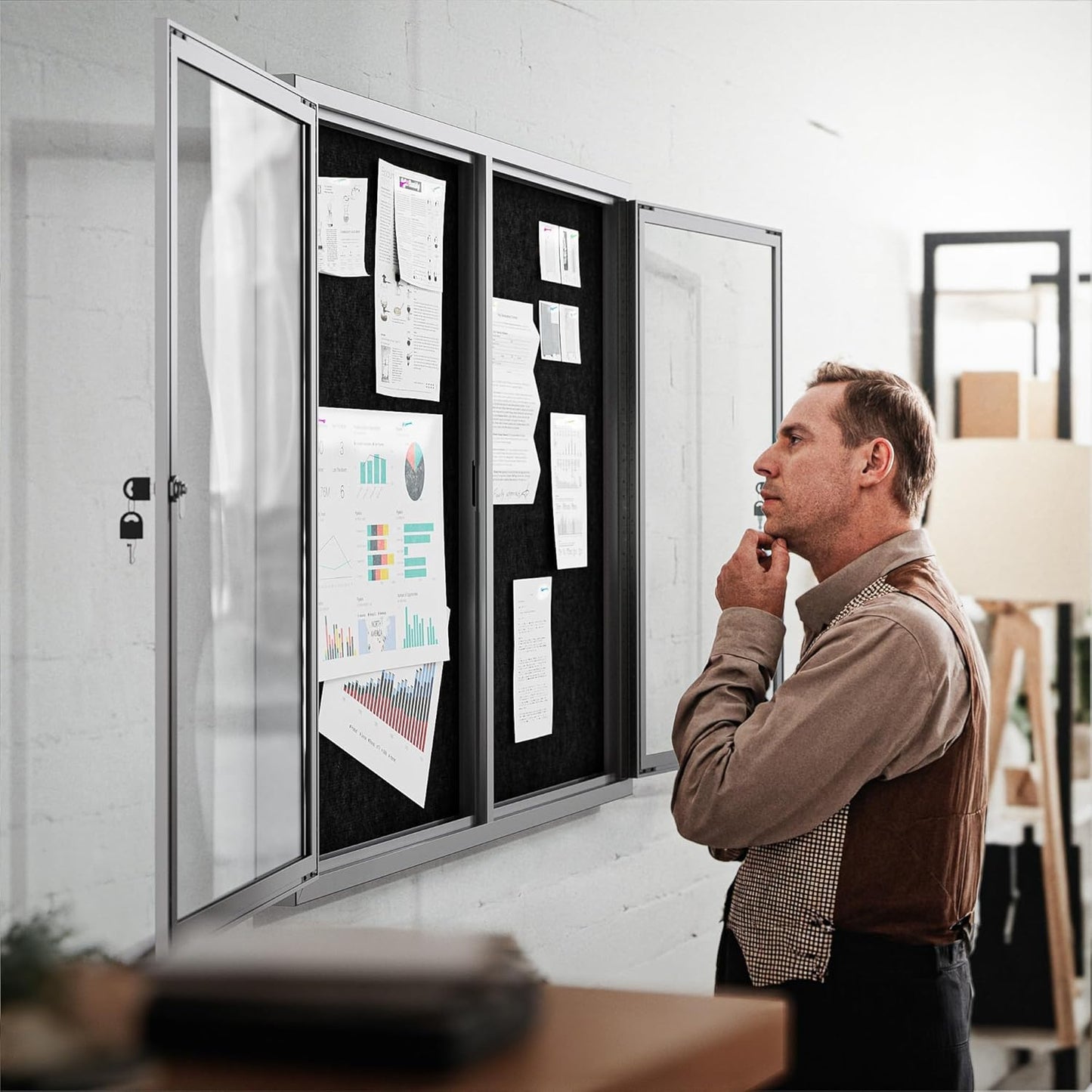 48"x36" Lockable Enclosed Bulletin Board, Outdoor Flet Weather-Resistant Aluminum Frame Notice Board, Wall Mounted Display Case Acrylic Doors for School,Office,Silver Frame w/Black Flet