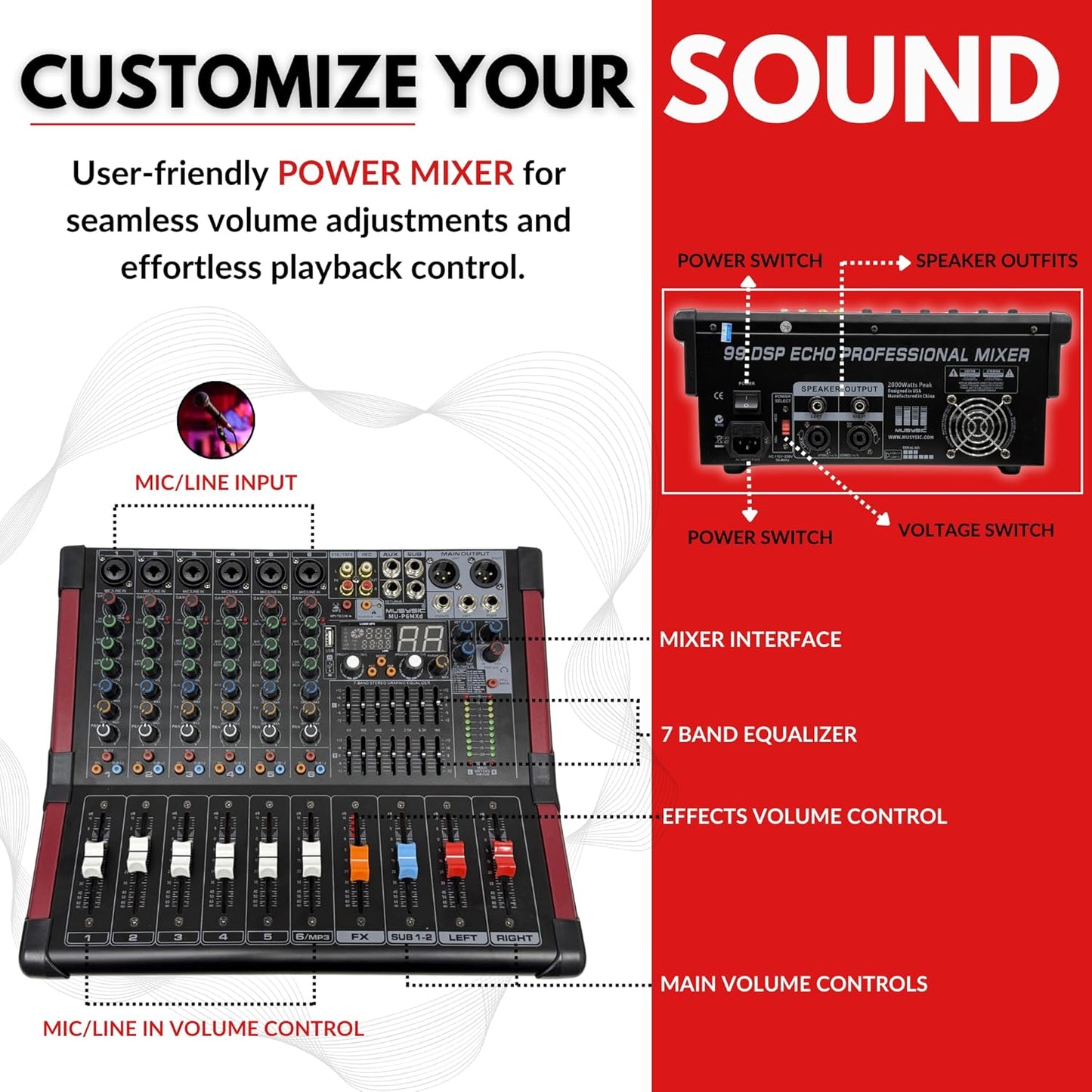 MUSYSIC Portable PA System with Wireless Microphone and Speakers – 6 Ch Audio Mixer with Built-in 2000W Amp & Wireless UHF Microphone System, Multiple Inputs, Complete w/Stands - 12" Speaker 1000W